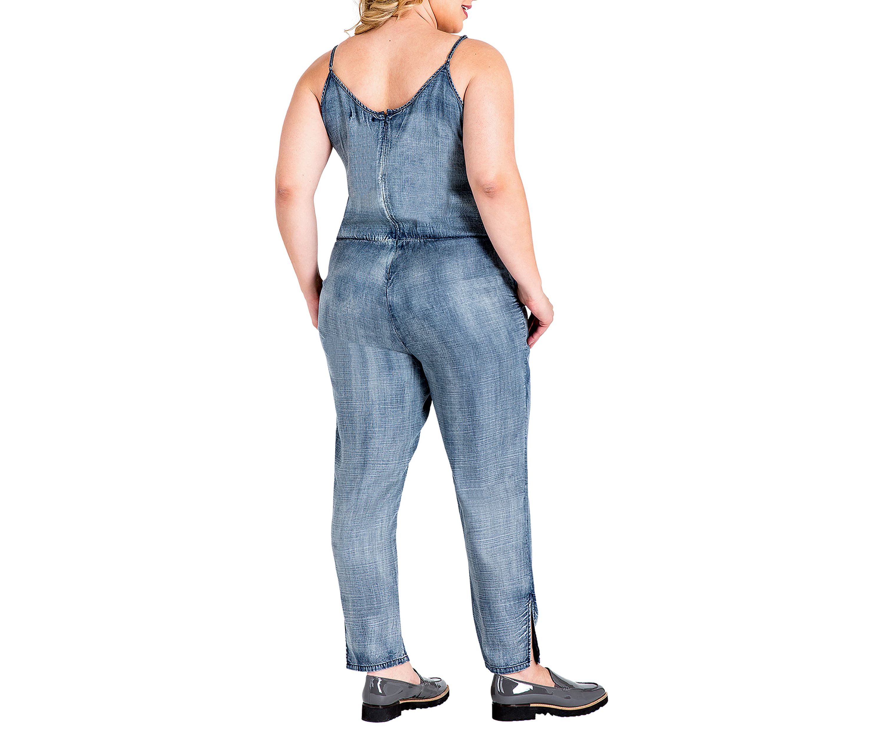 Plus Size Tapered Leg Strap Tencel Denim Jumpsuit