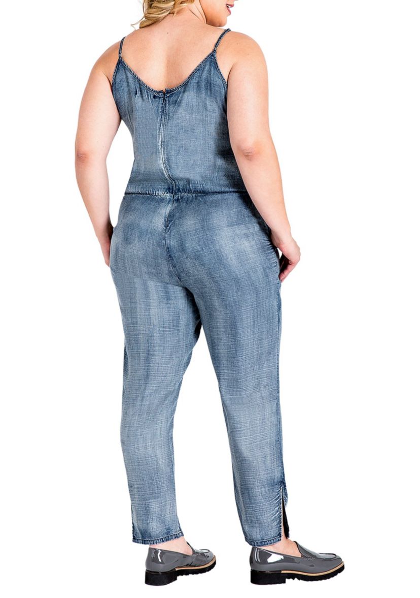 Plus Size Tapered Leg Strap Tencel Denim Jumpsuit