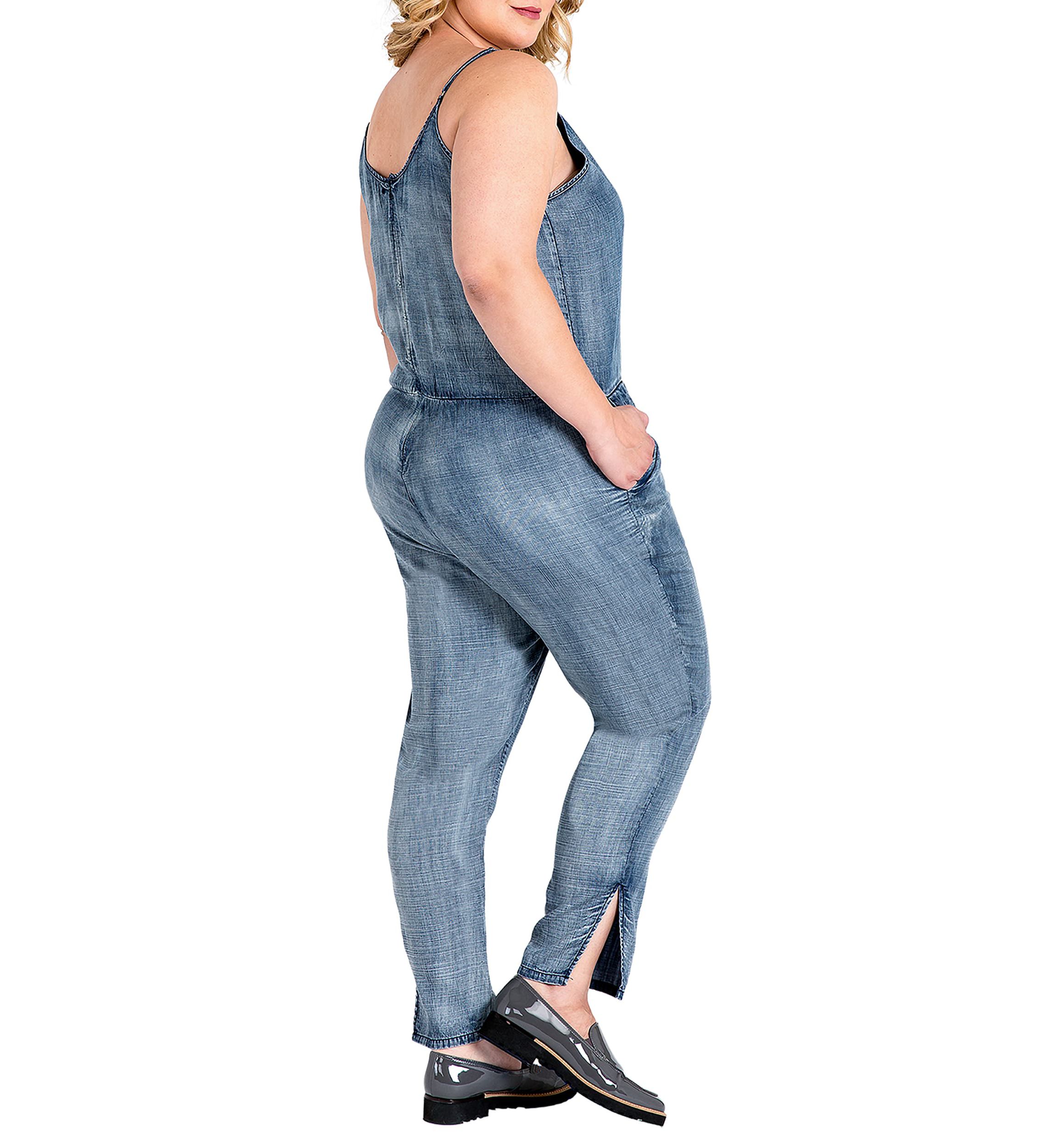 Plus Size Tapered Leg Strap Tencel Denim Jumpsuit