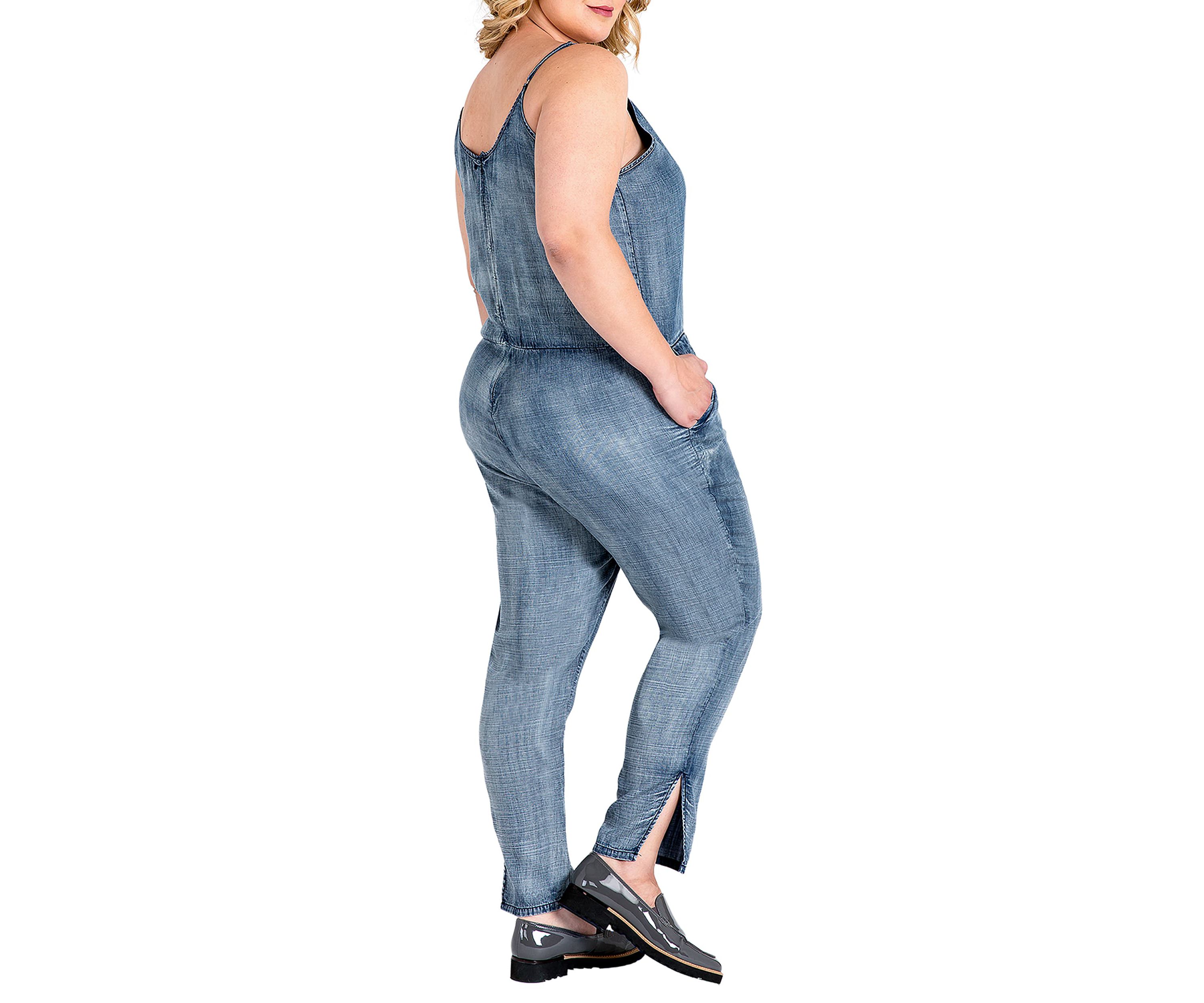 Plus Size Tapered Leg Strap Tencel Denim Jumpsuit