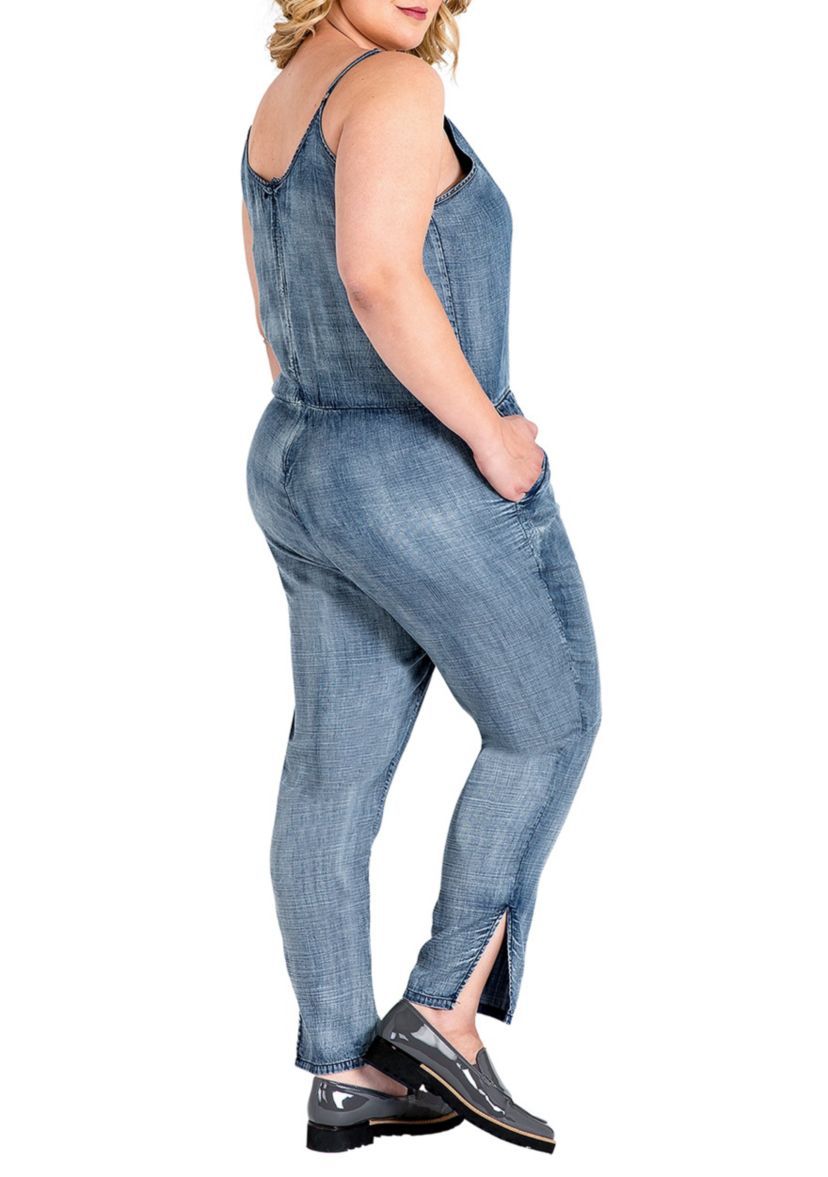 Plus Size Tapered Leg Strap Tencel Denim Jumpsuit