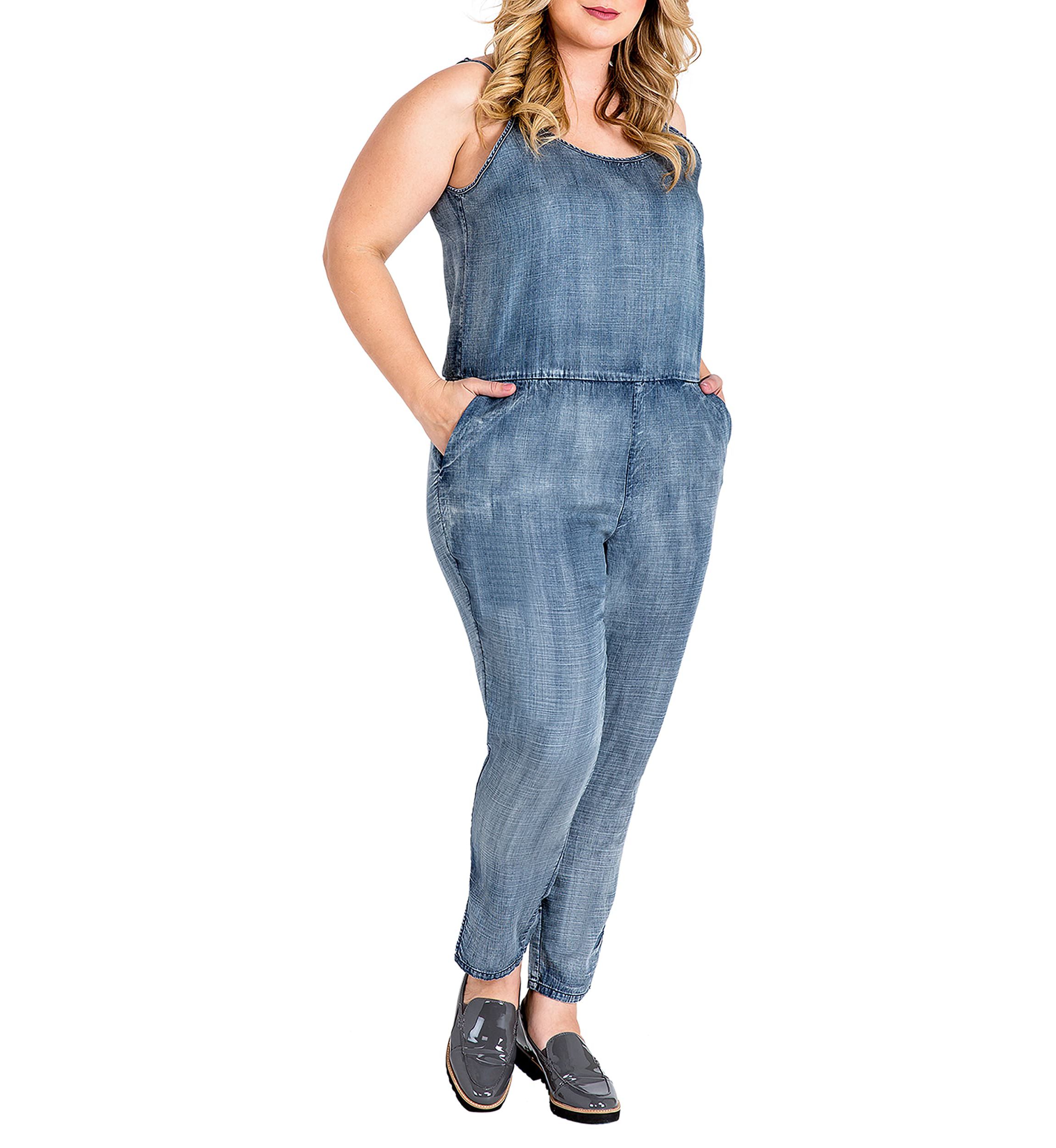 Plus Size Tapered Leg Strap Tencel Denim Jumpsuit