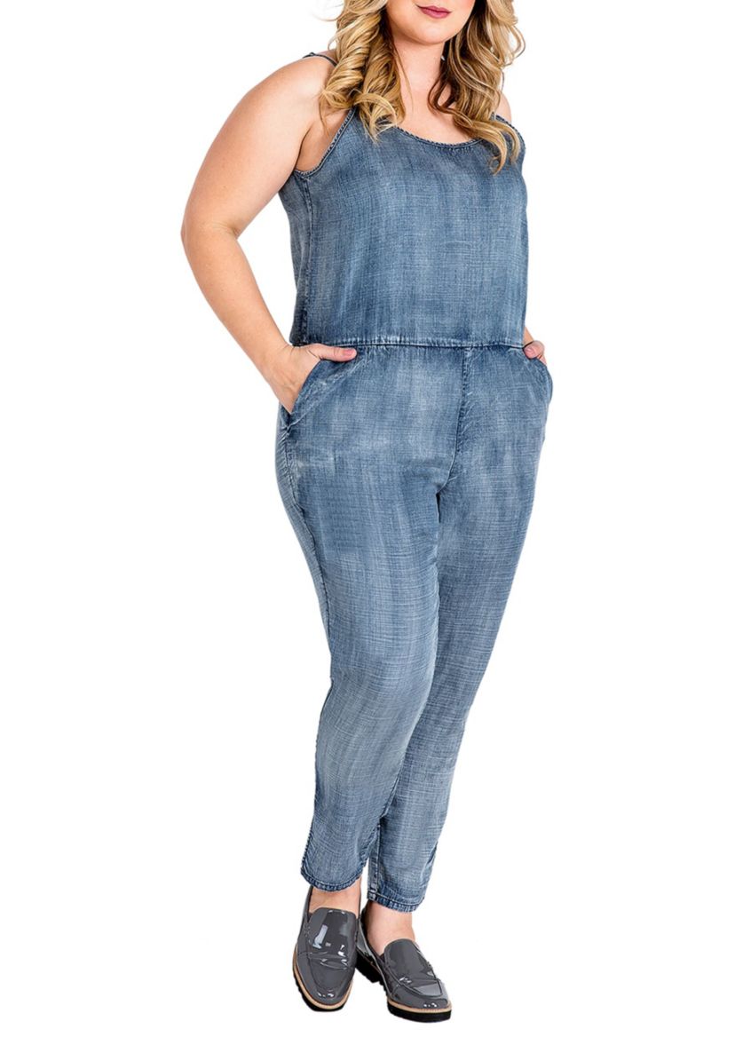 Plus Size Tapered Leg Strap Tencel Denim Jumpsuit