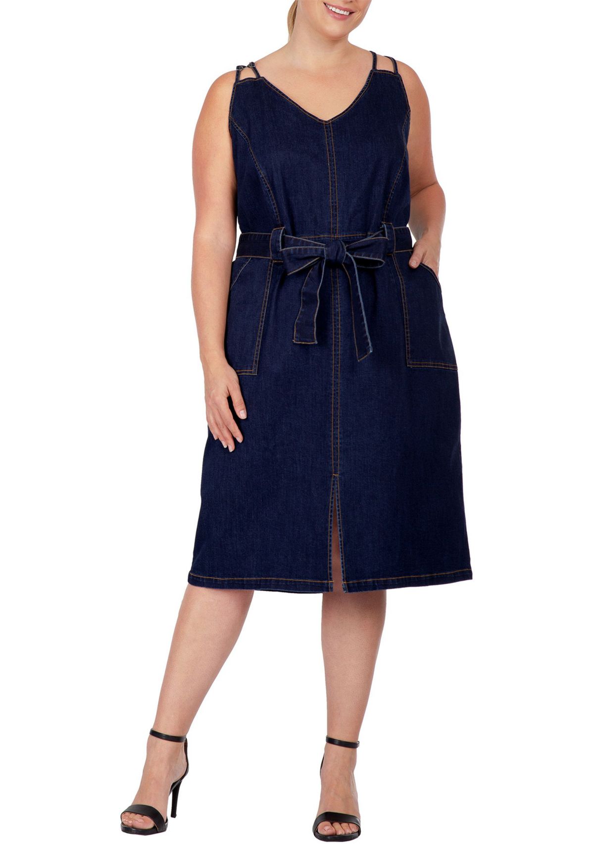 Women Plus Size Denim Blue Double Strap Casual Midi Dress