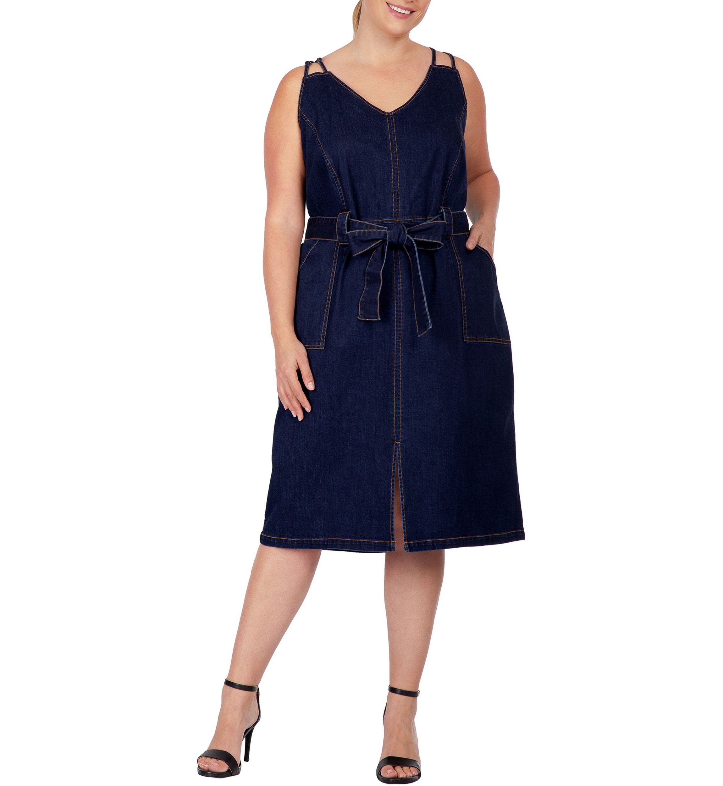 Women Plus Size Denim Blue Double Strap Casual Midi Dress