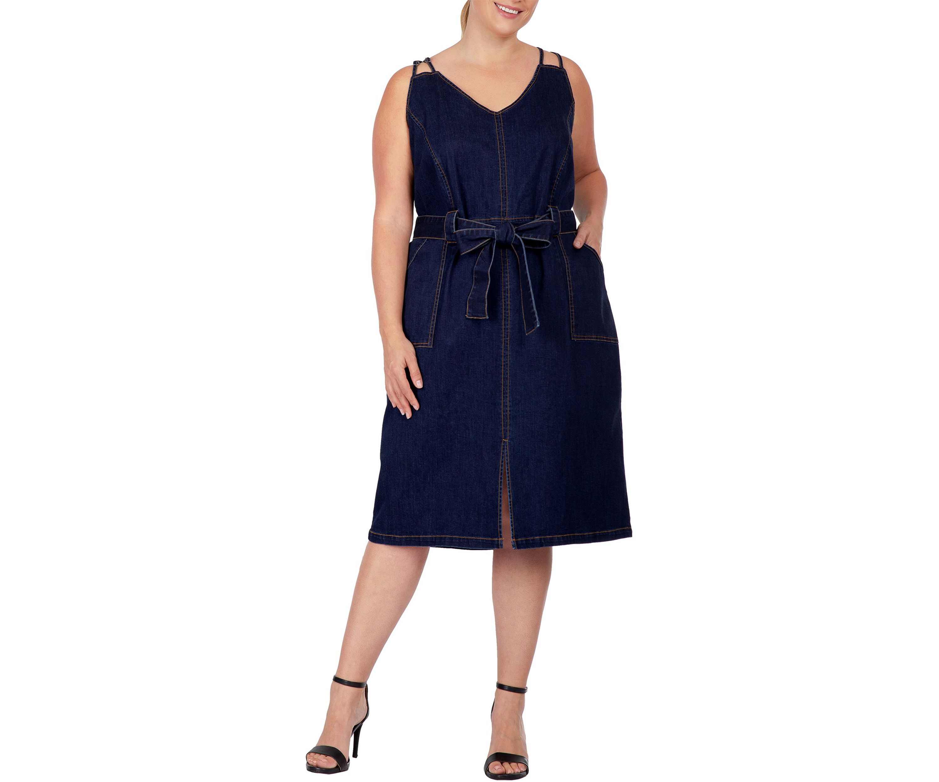 Women Plus Size Denim Blue Double Strap Casual Midi Dress