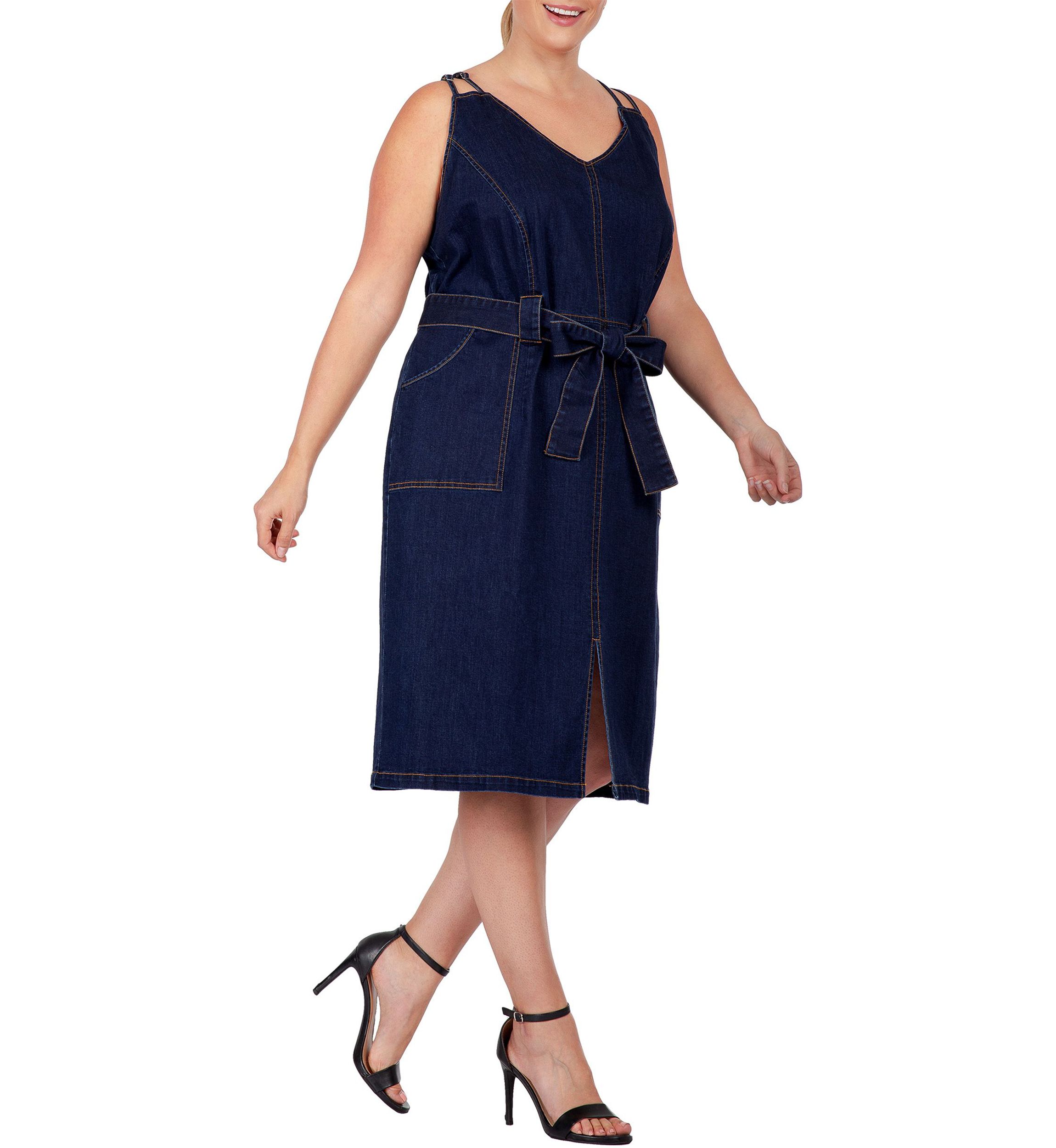Women Plus Size Denim Blue Double Strap Casual Midi Dress