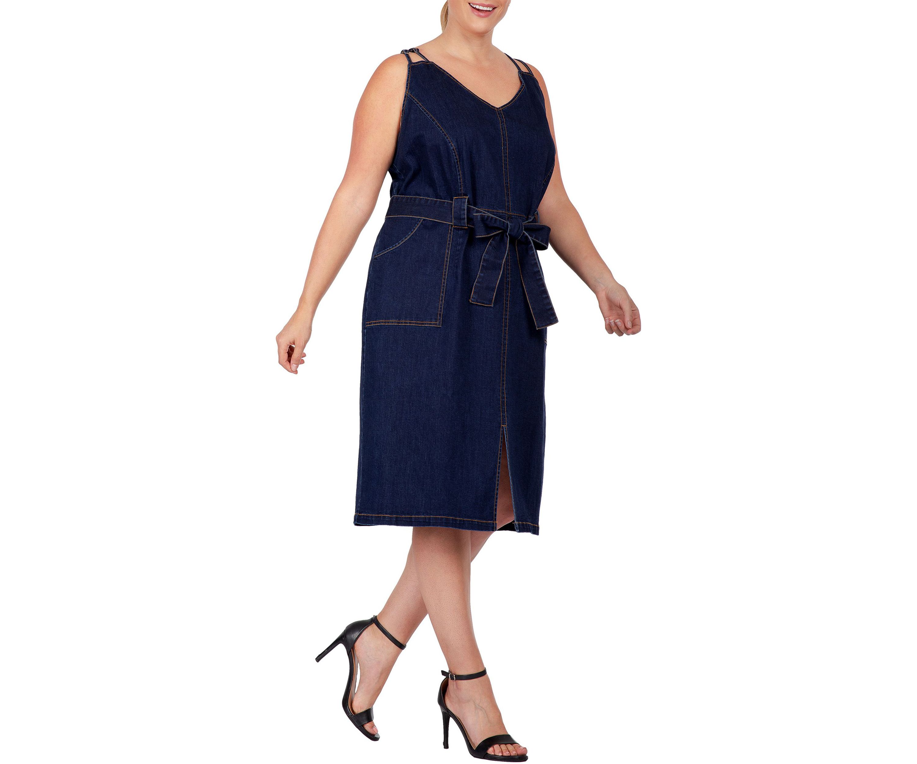 Women Plus Size Denim Blue Double Strap Casual Midi Dress