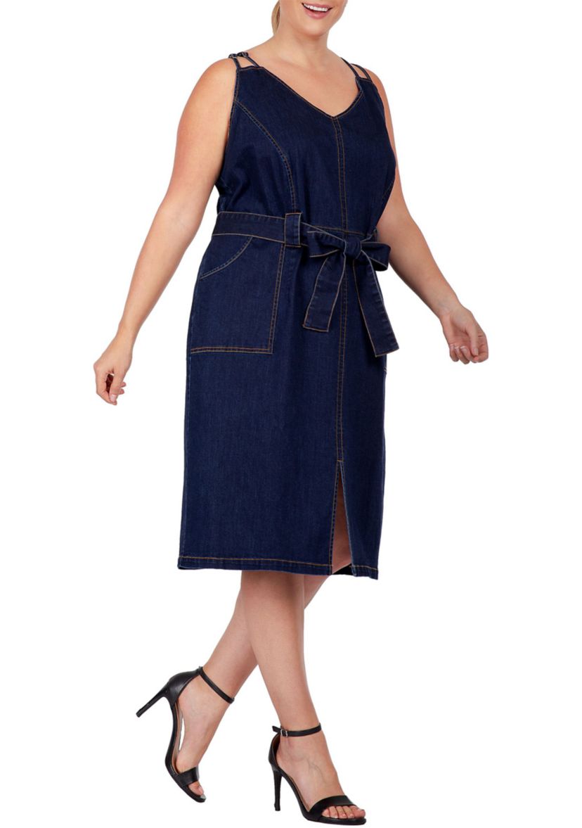 Women Plus Size Denim Blue Double Strap Casual Midi Dress