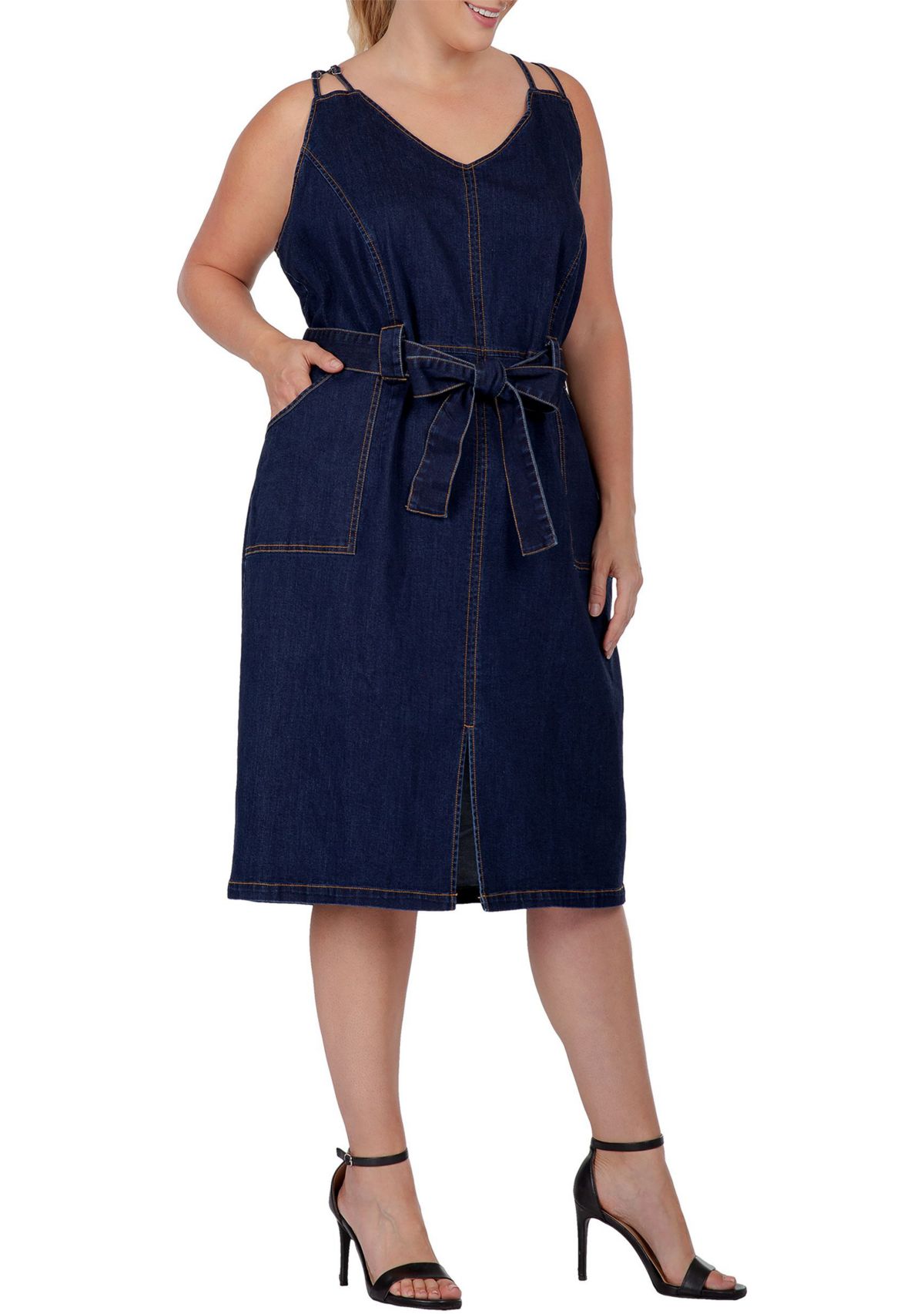 Women Plus Size Denim Blue Double Strap Casual Midi Dress