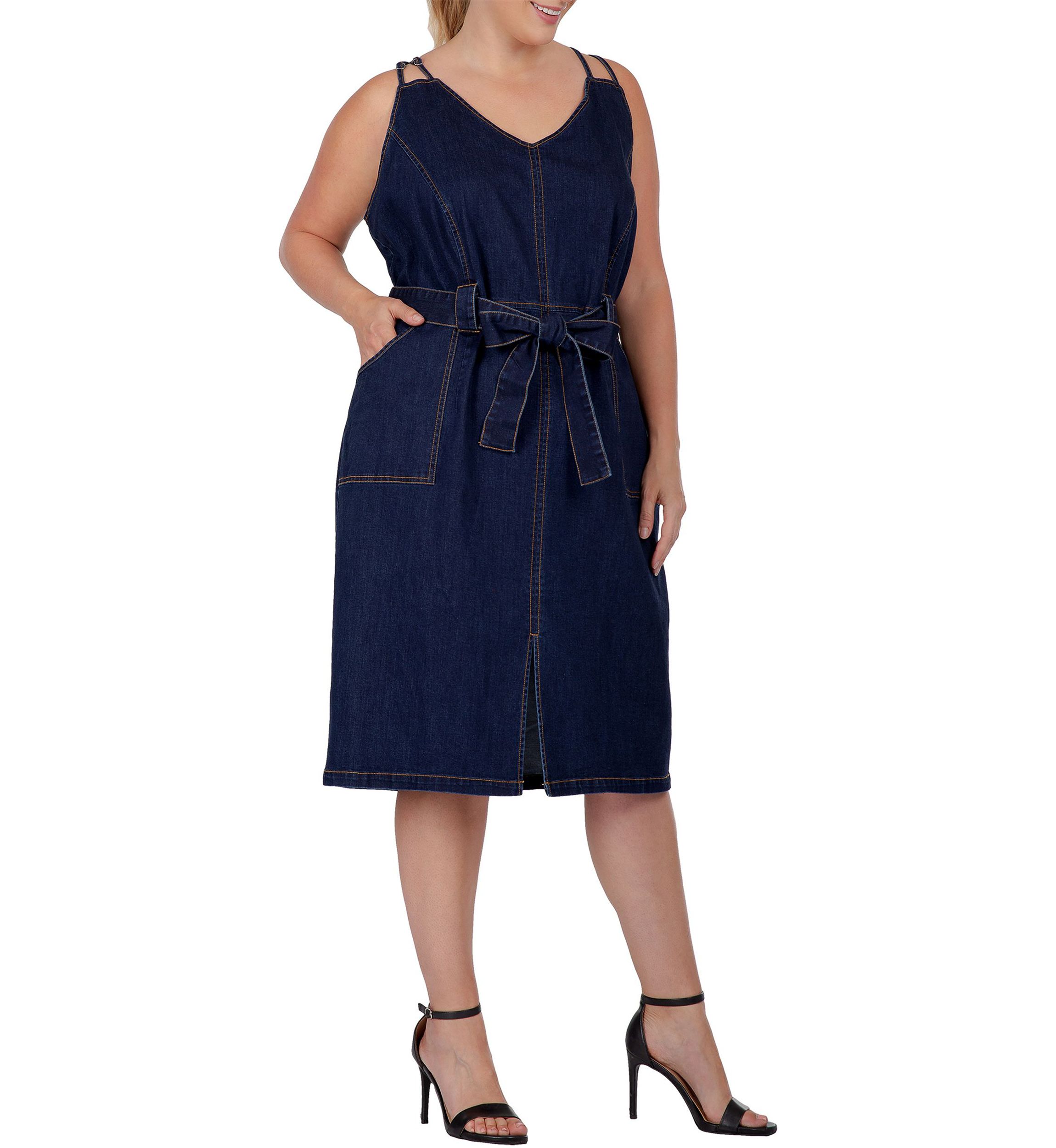 Women Plus Size Denim Blue Double Strap Casual Midi Dress