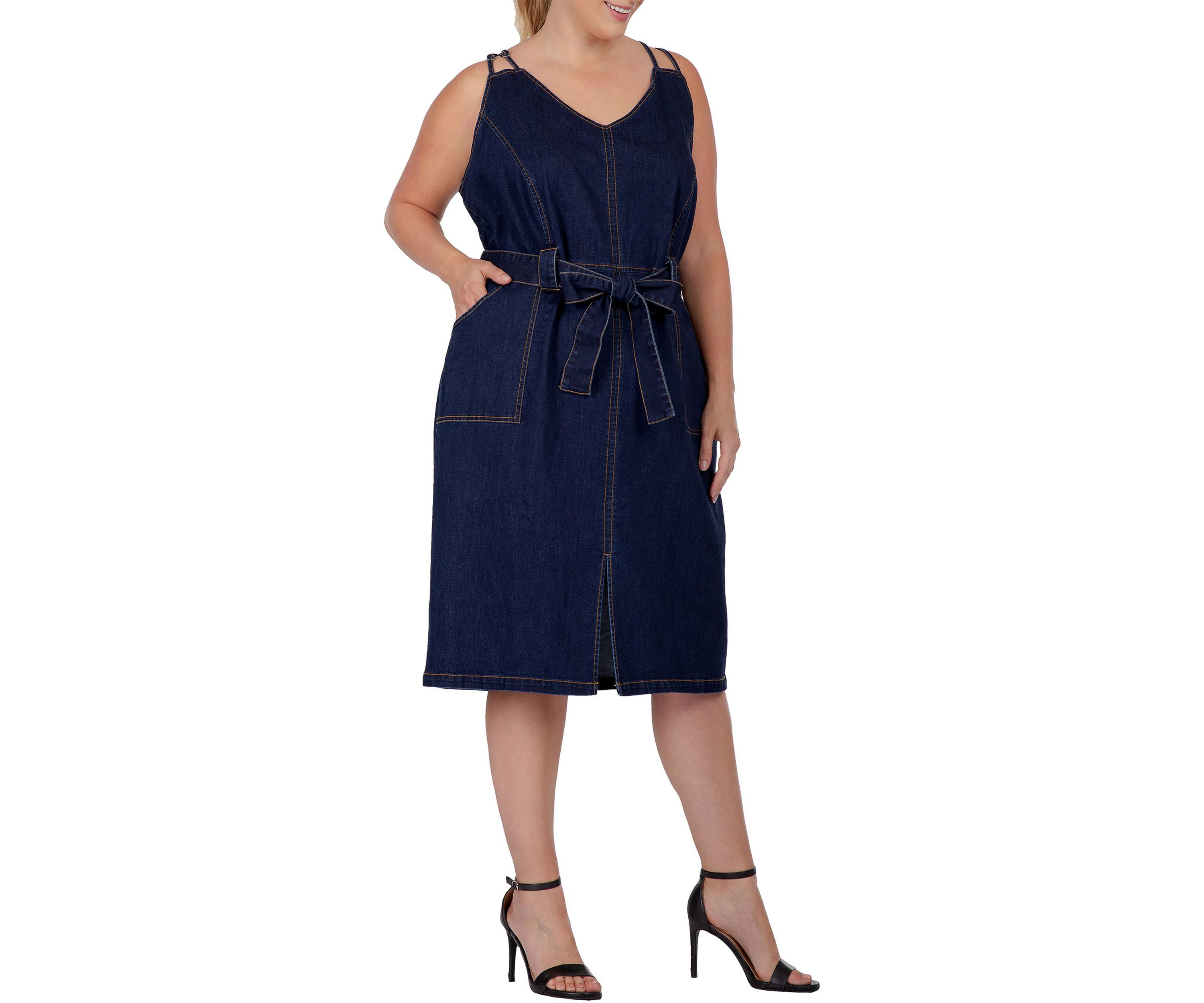 Women Plus Size Denim Blue Double Strap Casual Midi Dress