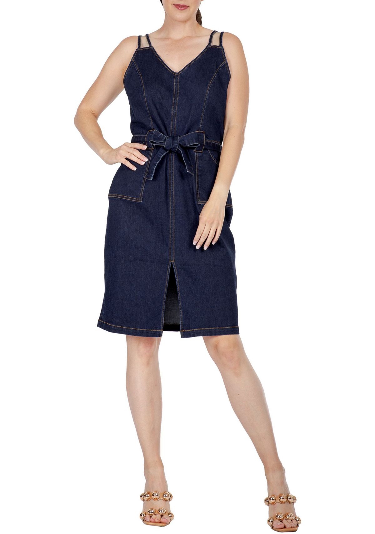Women Denim Blue Double Strap Casual Midi Dress