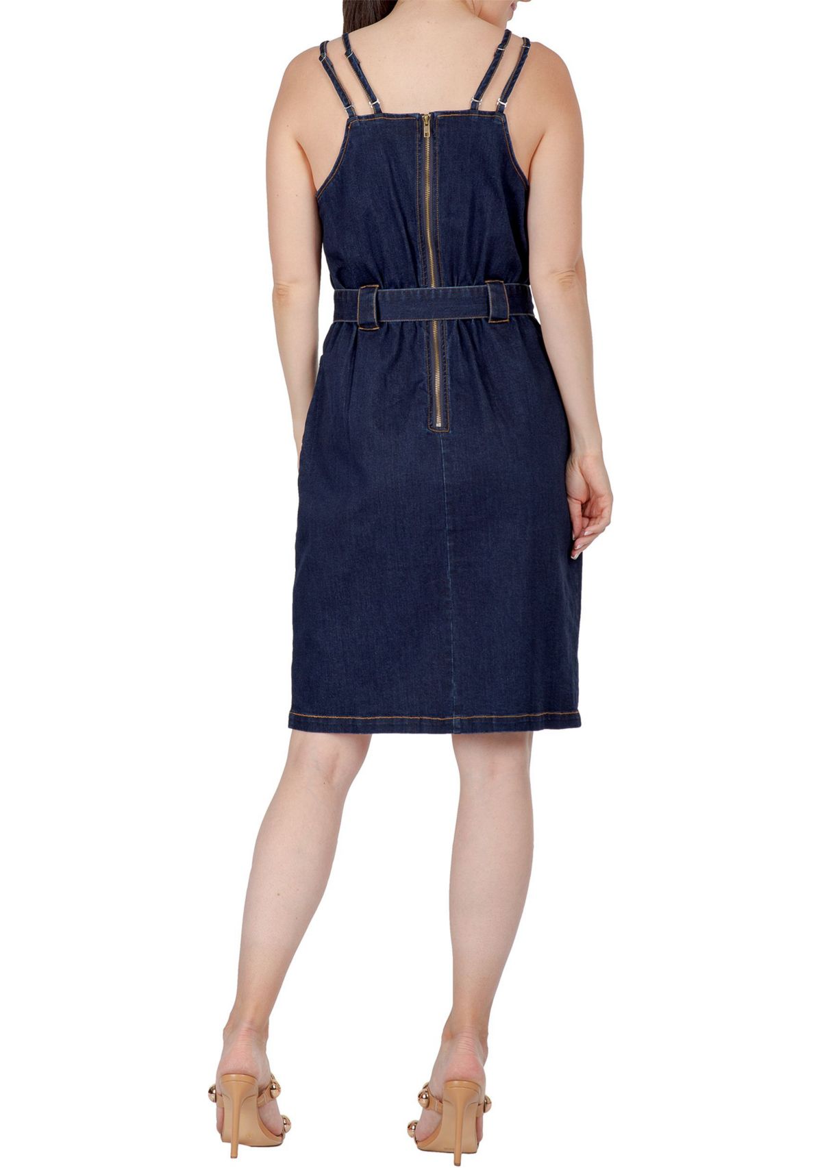 Women Denim Blue Double Strap Casual Midi Dress