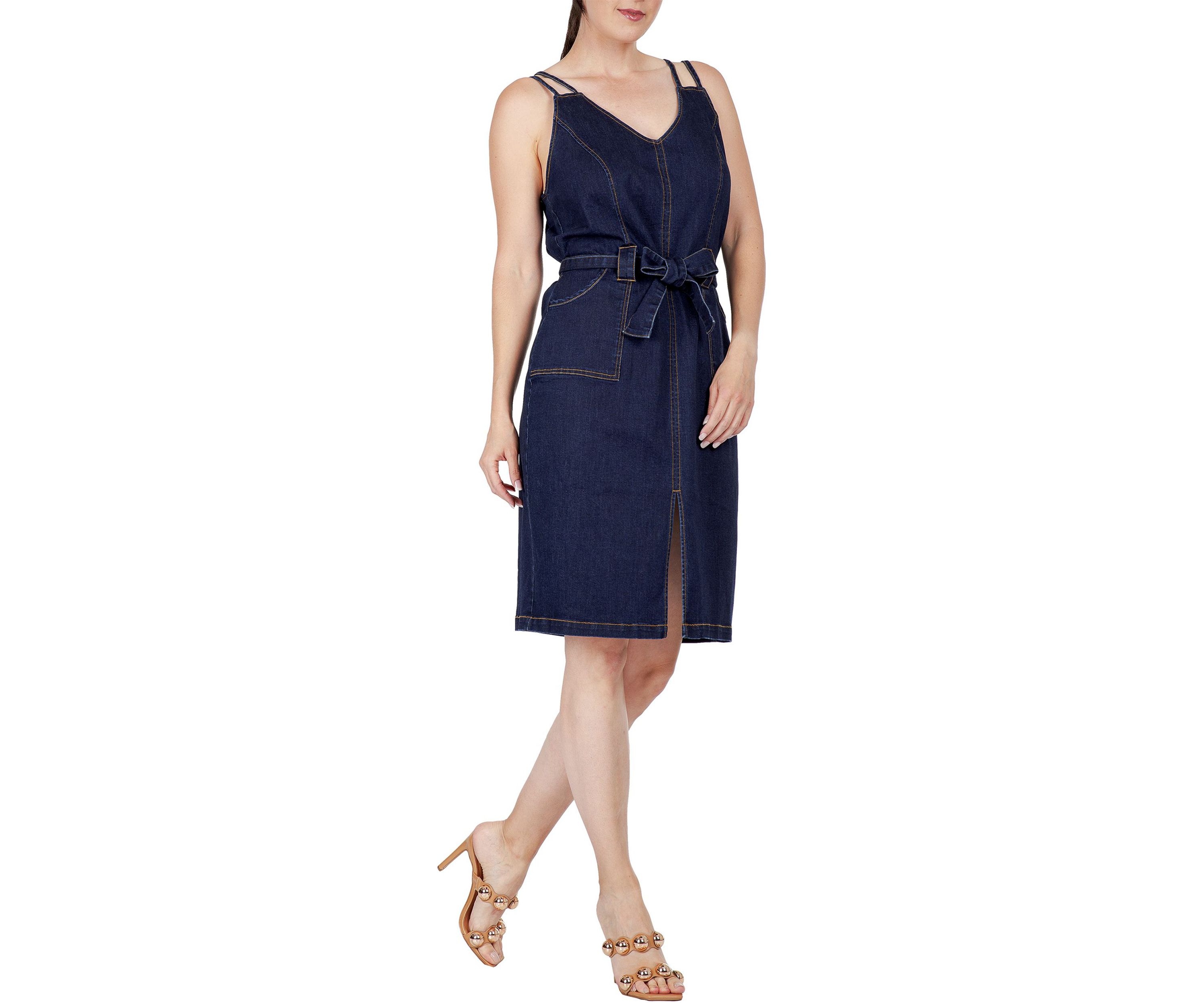 Women Denim Blue Double Strap Casual Midi Dress