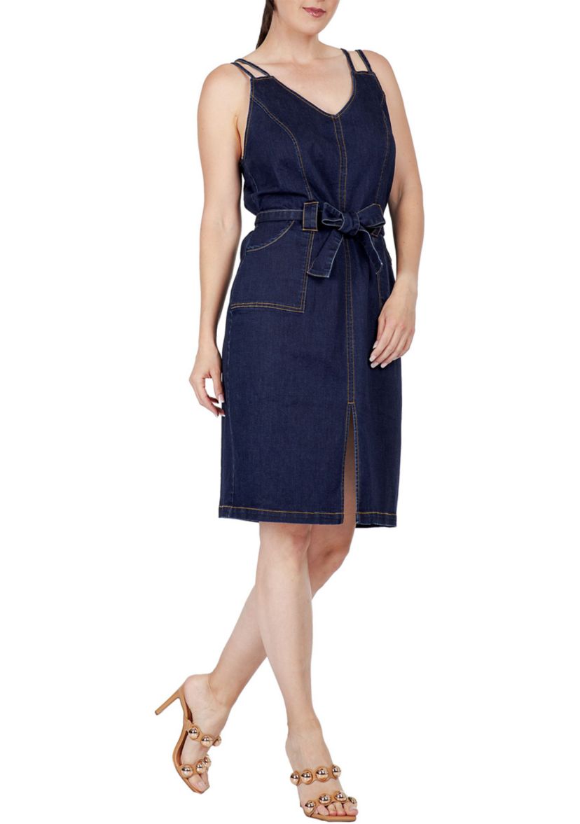 Women Denim Blue Double Strap Casual Midi Dress