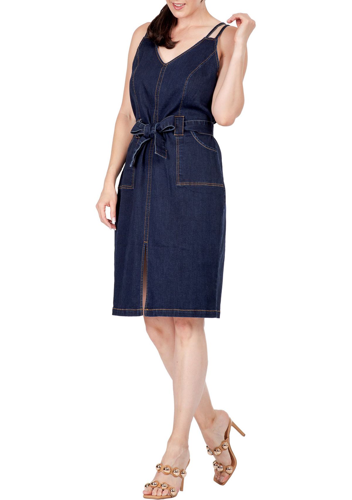 Women Denim Blue Double Strap Casual Midi Dress