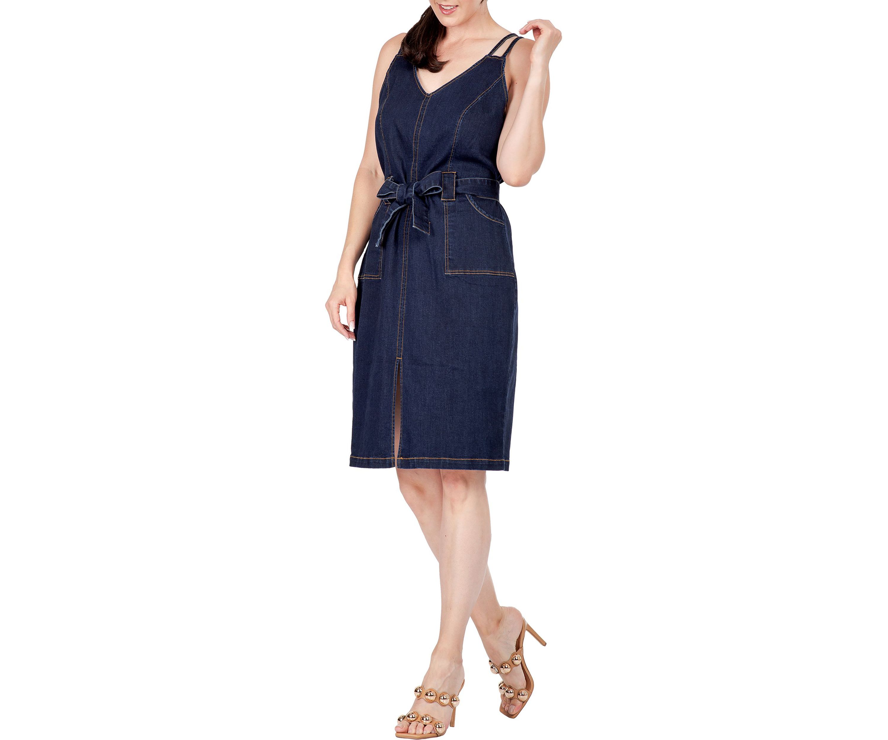 Women Denim Blue Double Strap Casual Midi Dress