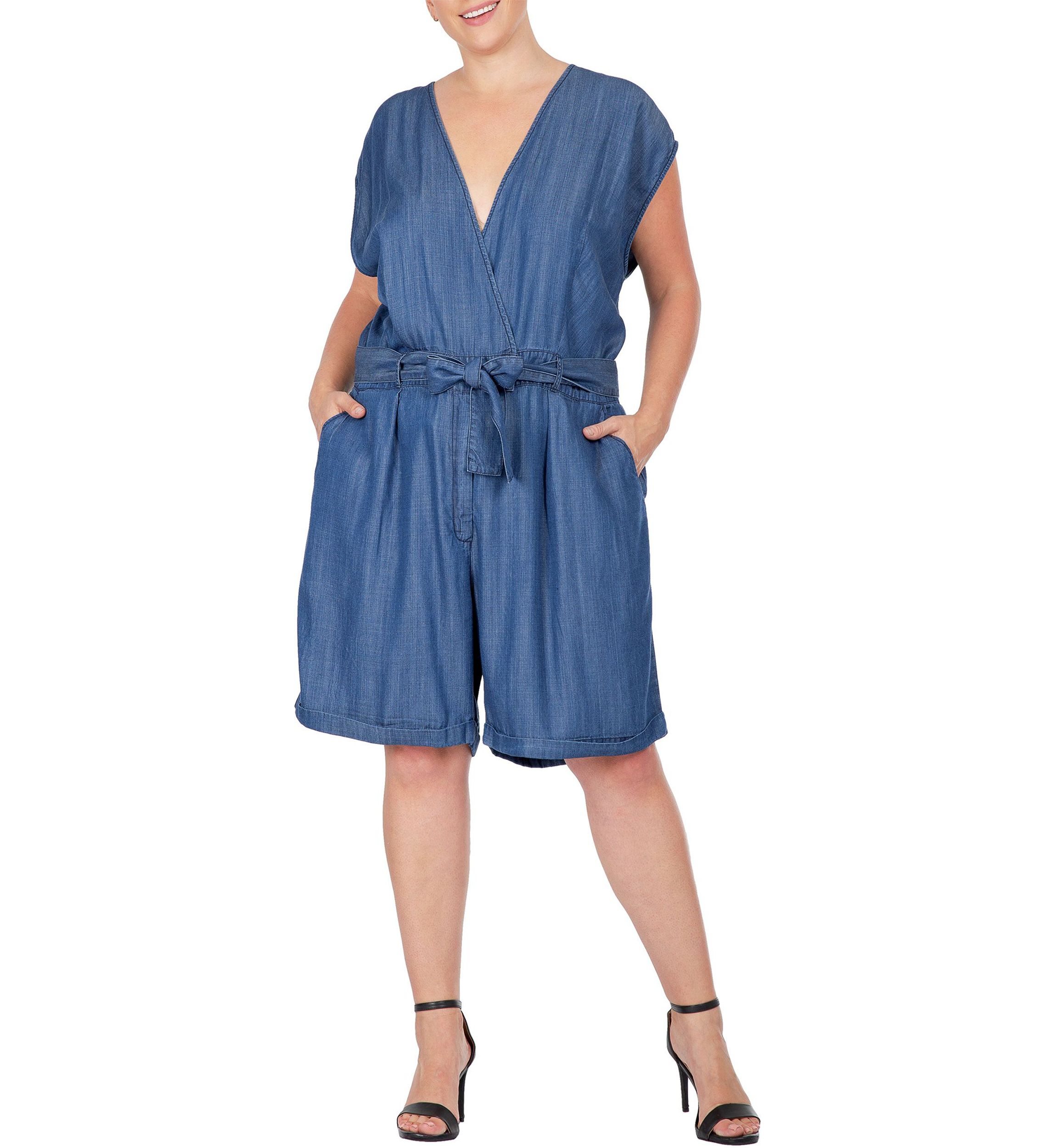 Women Plus Size Cap Sleeve V-neck Front Tie Romper