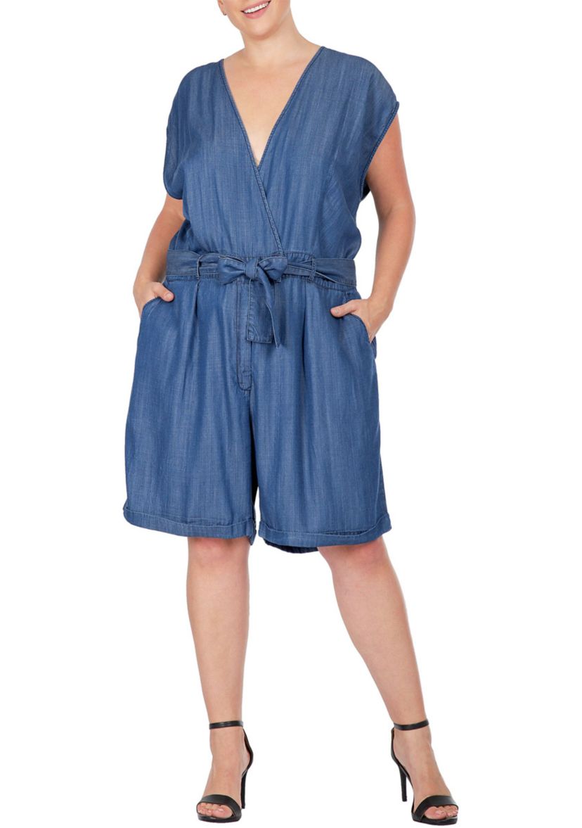 Women Plus Size Cap Sleeve V-neck Front Tie Romper
