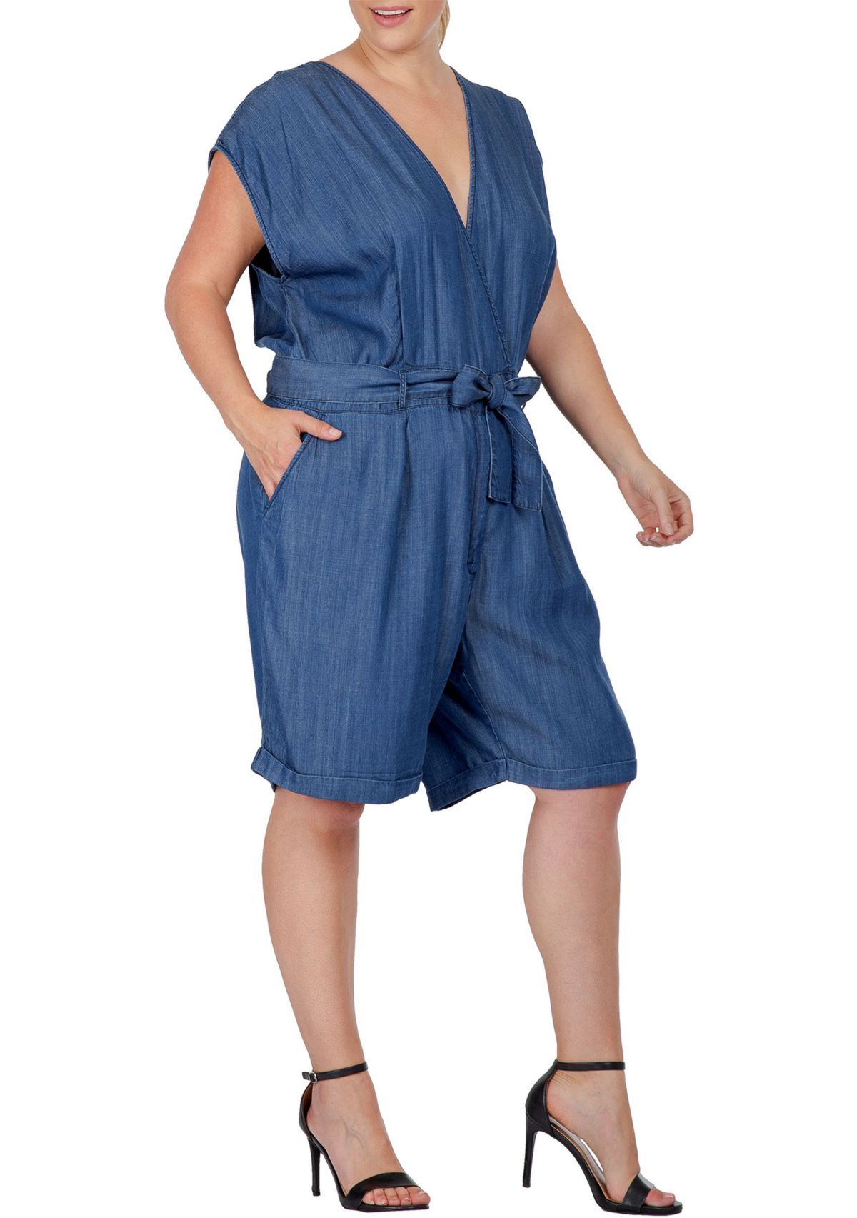 Women Plus Size Cap Sleeve V-neck Front Tie Romper
