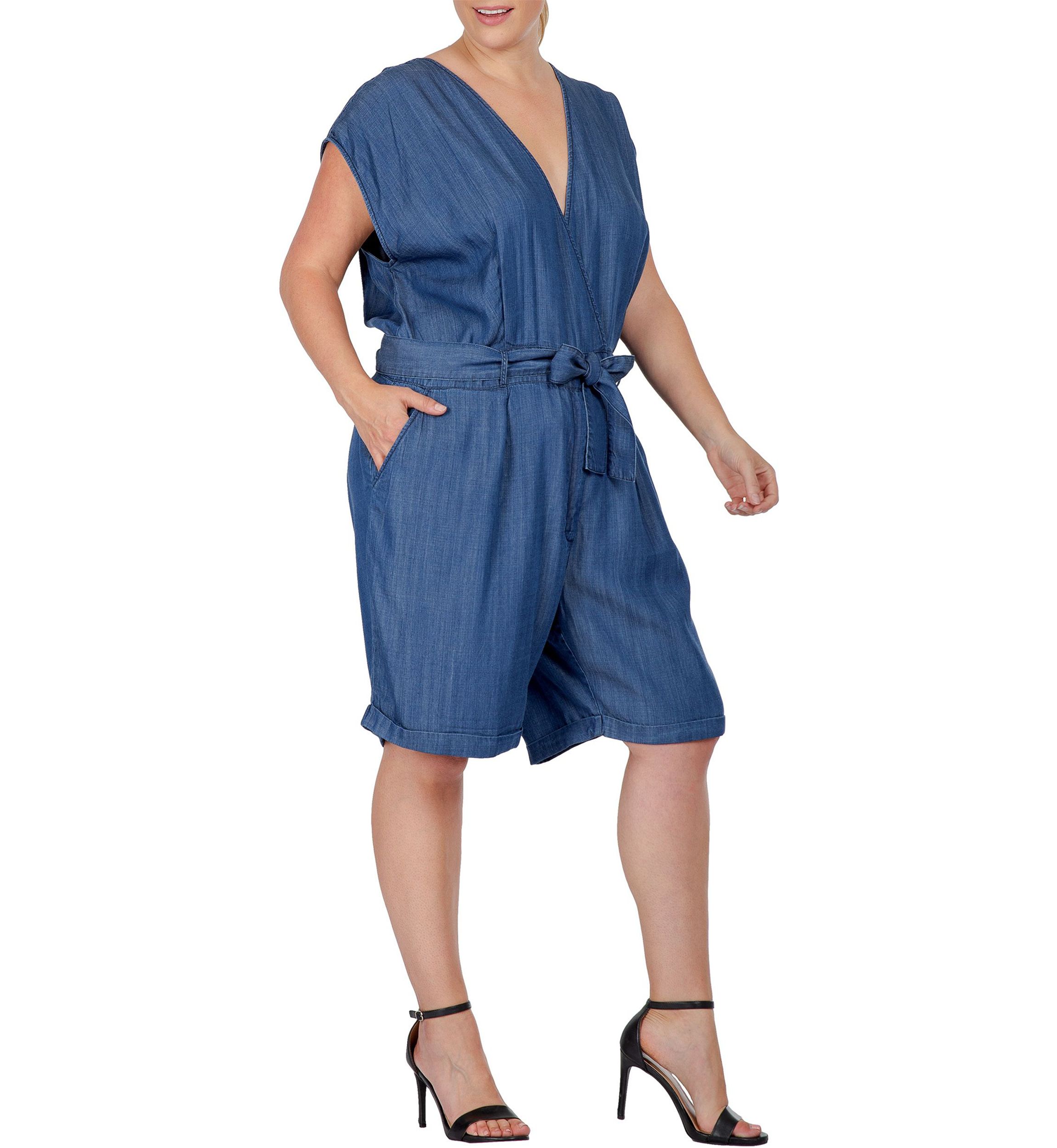 Women Plus Size Cap Sleeve V-neck Front Tie Romper