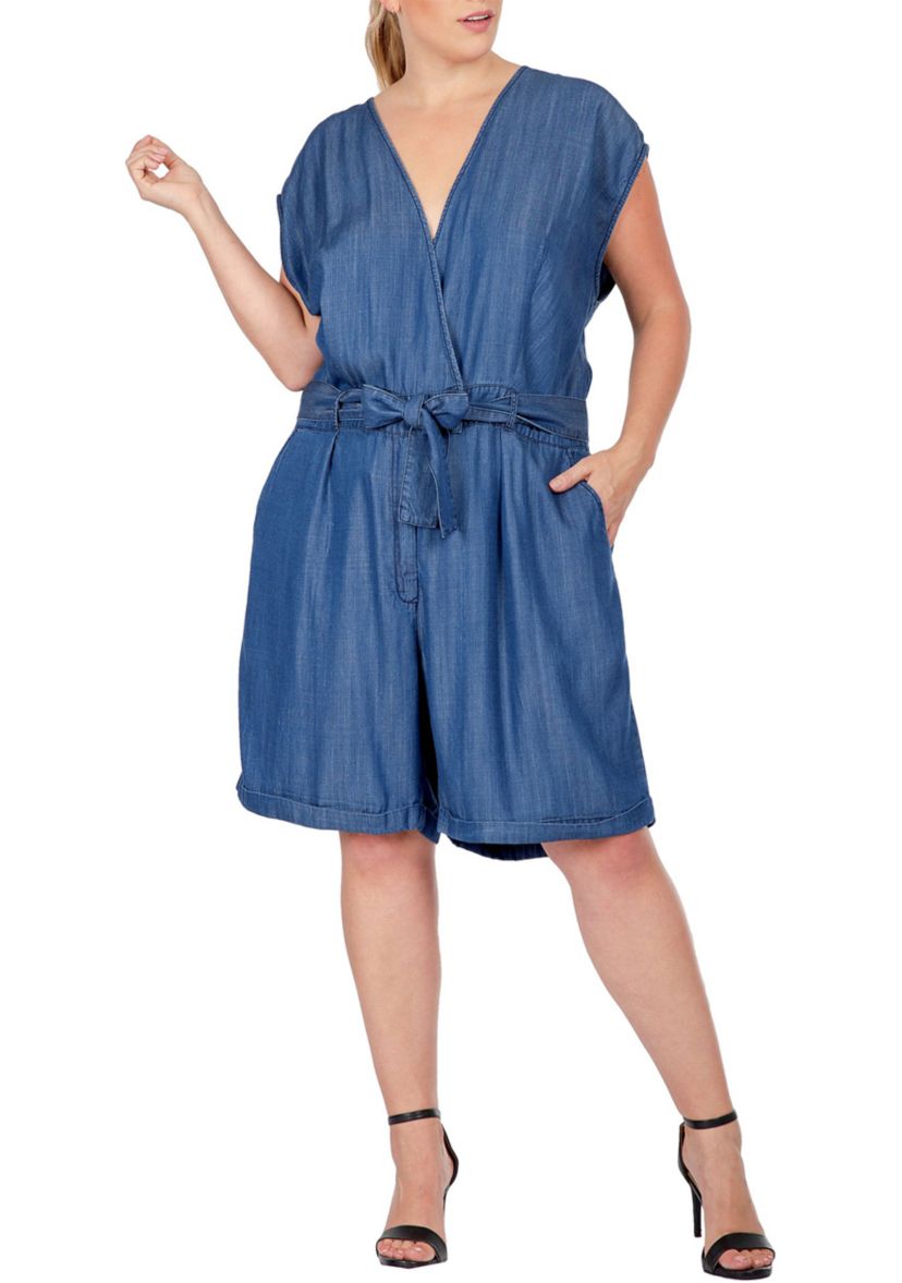 Women Plus Size Cap Sleeve V-neck Front Tie Romper