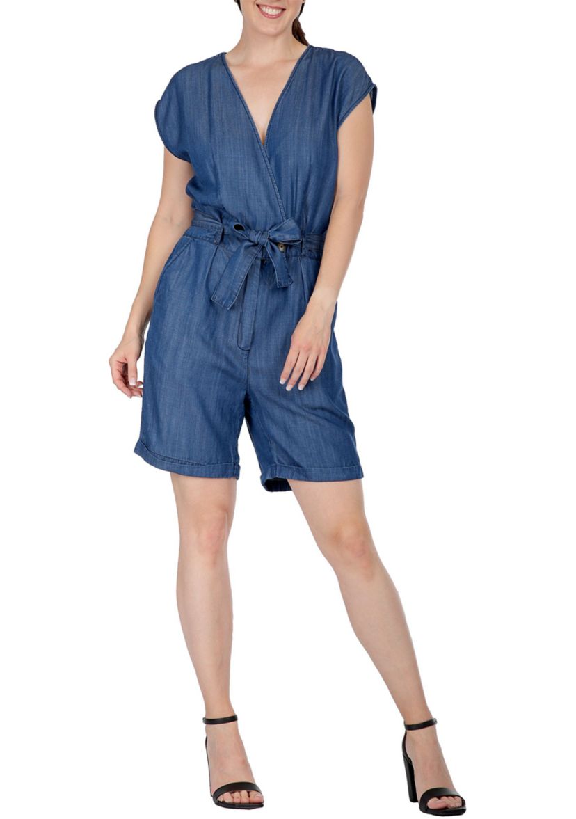 Women Cap Sleeve V-neck Front Tie Romper