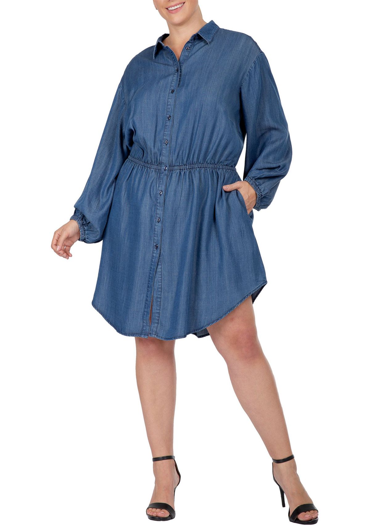 Women Plus Size Buttoned Down Elastic Waist Shirt Dress