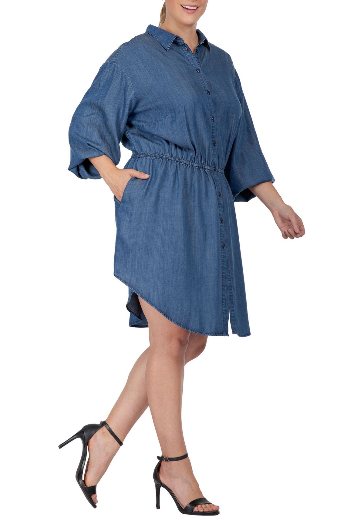 Women Plus Size Buttoned Down Elastic Waist Shirt Dress