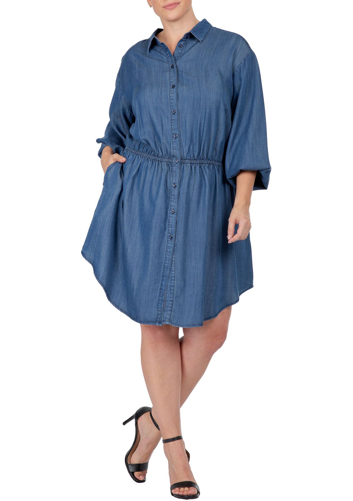 Women Plus Size Buttoned Down Elastic Waist Shirt Dress