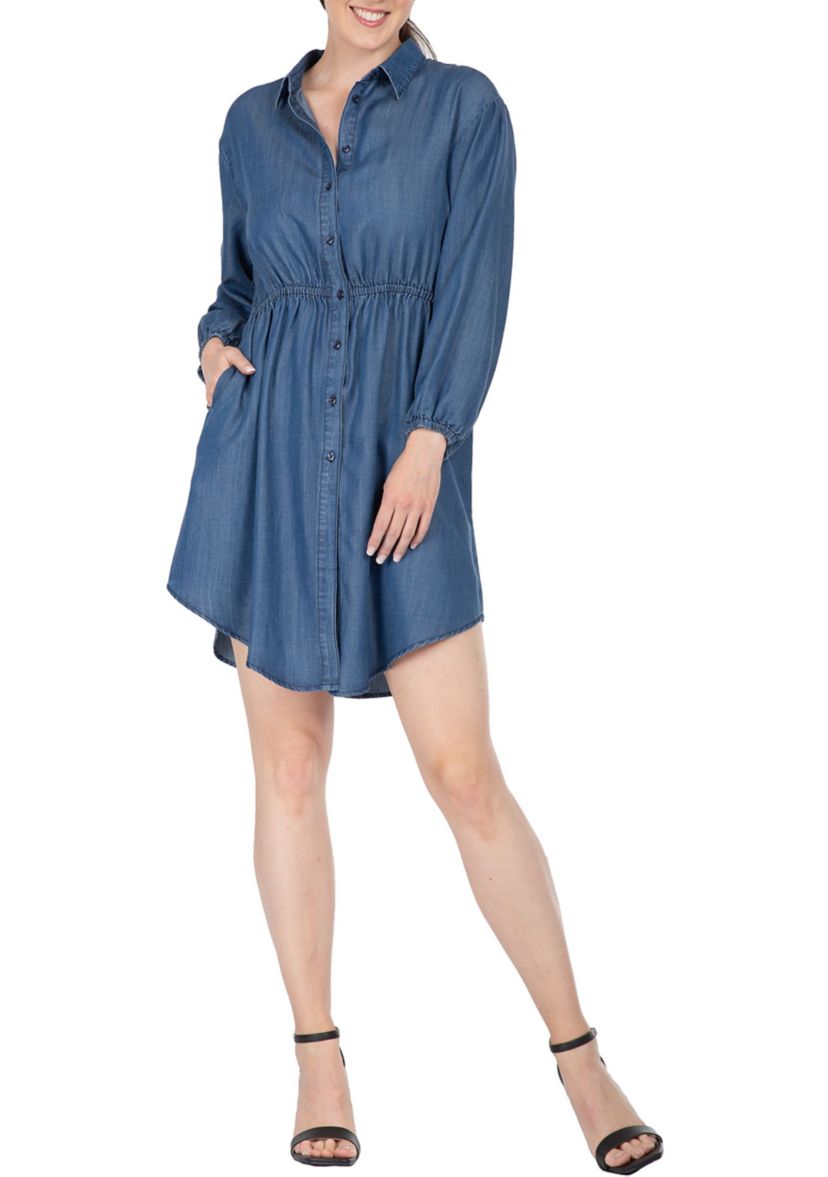 Women Long Sleeves Buttoned Down Elastic Waist Shirt Dress
