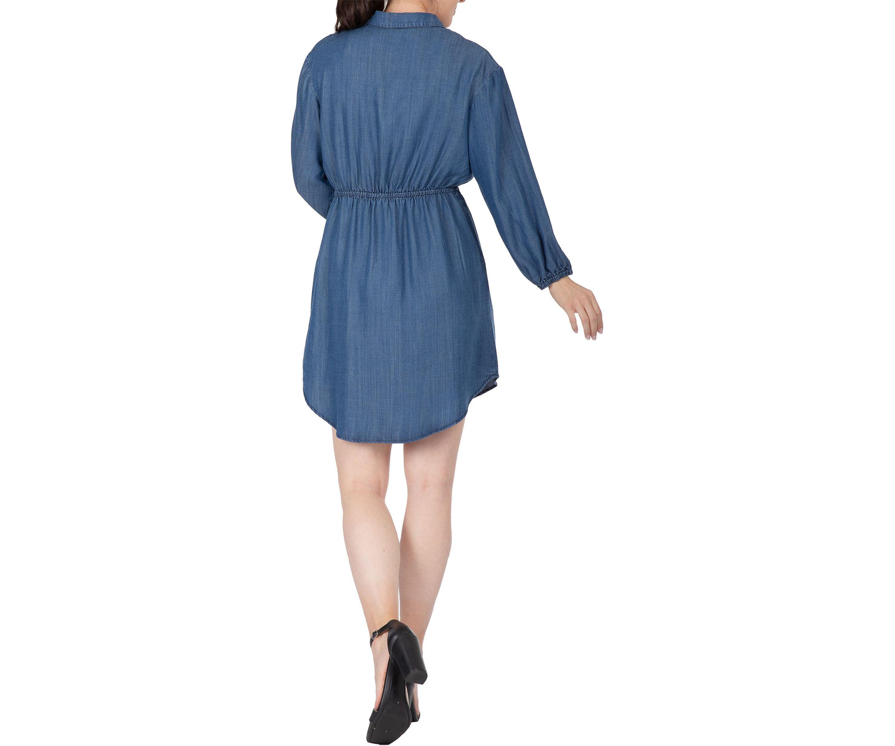 Women Long Sleeves Buttoned Down Elastic Waist Shirt Dress