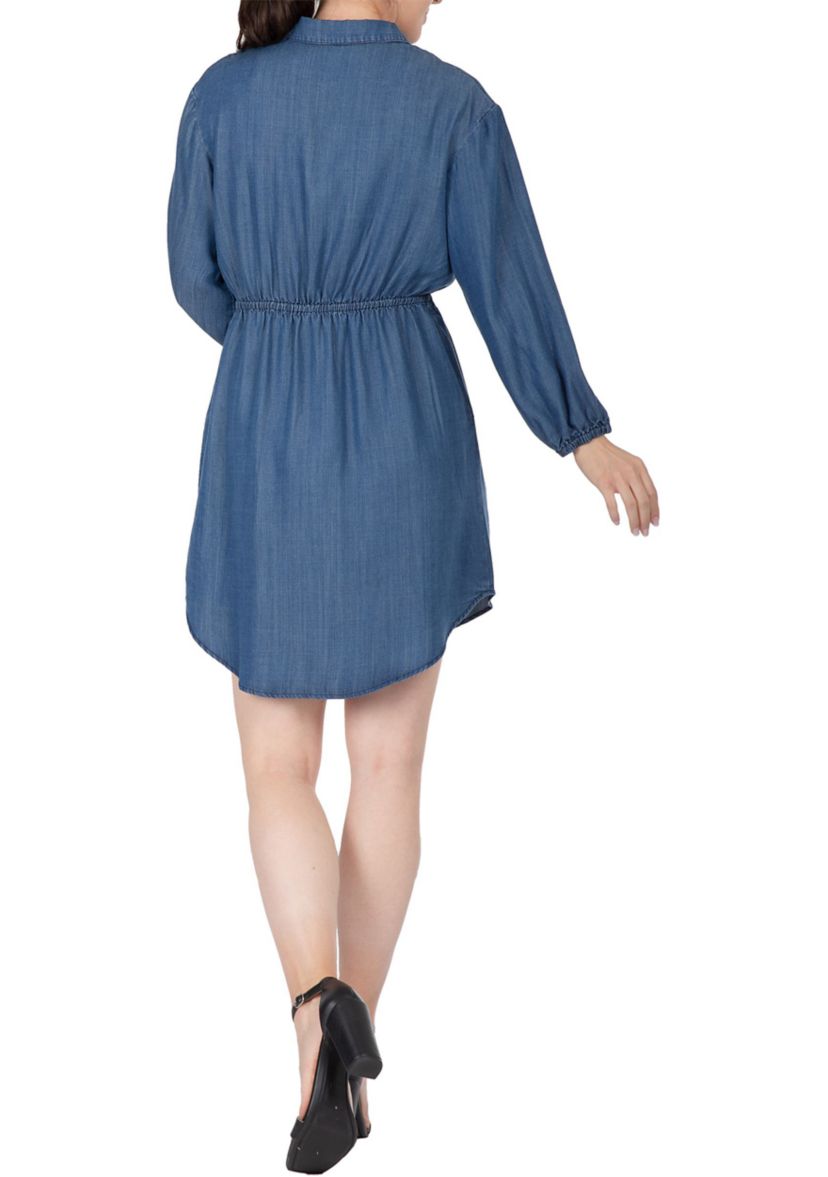 Women Long Sleeves Buttoned Down Elastic Waist Shirt Dress
