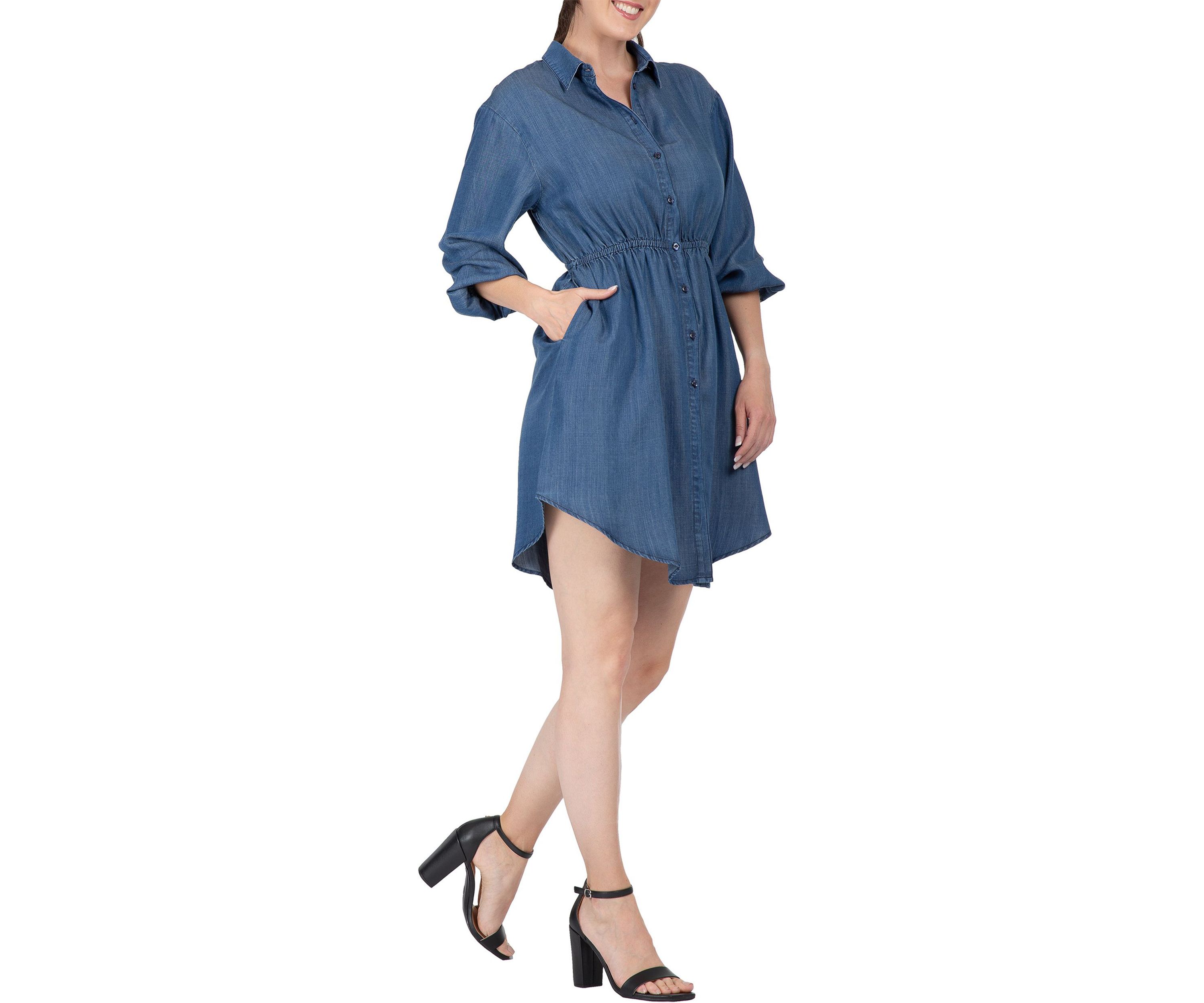 Women Long Sleeves Buttoned Down Elastic Waist Shirt Dress
