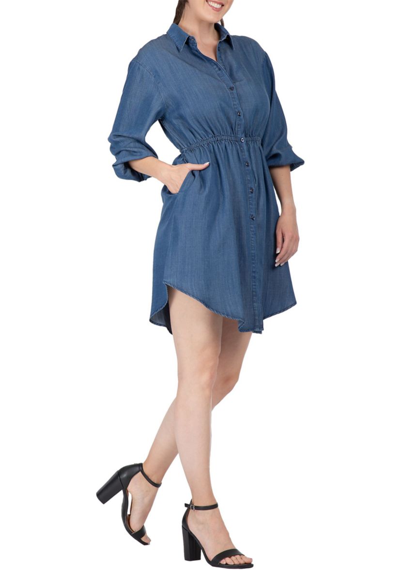 Women Long Sleeves Buttoned Down Elastic Waist Shirt Dress