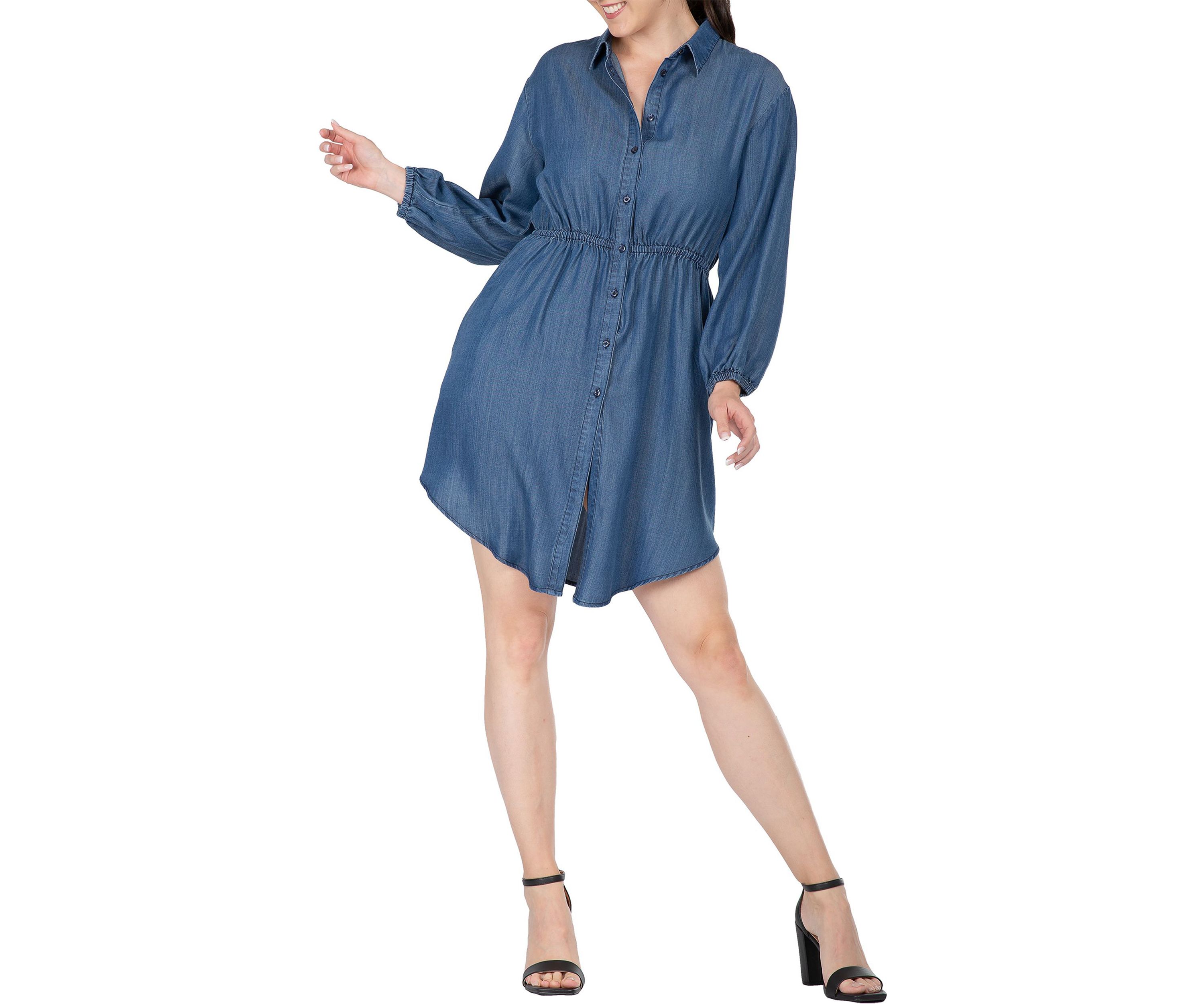 Women Long Sleeves Buttoned Down Elastic Waist Shirt Dress
