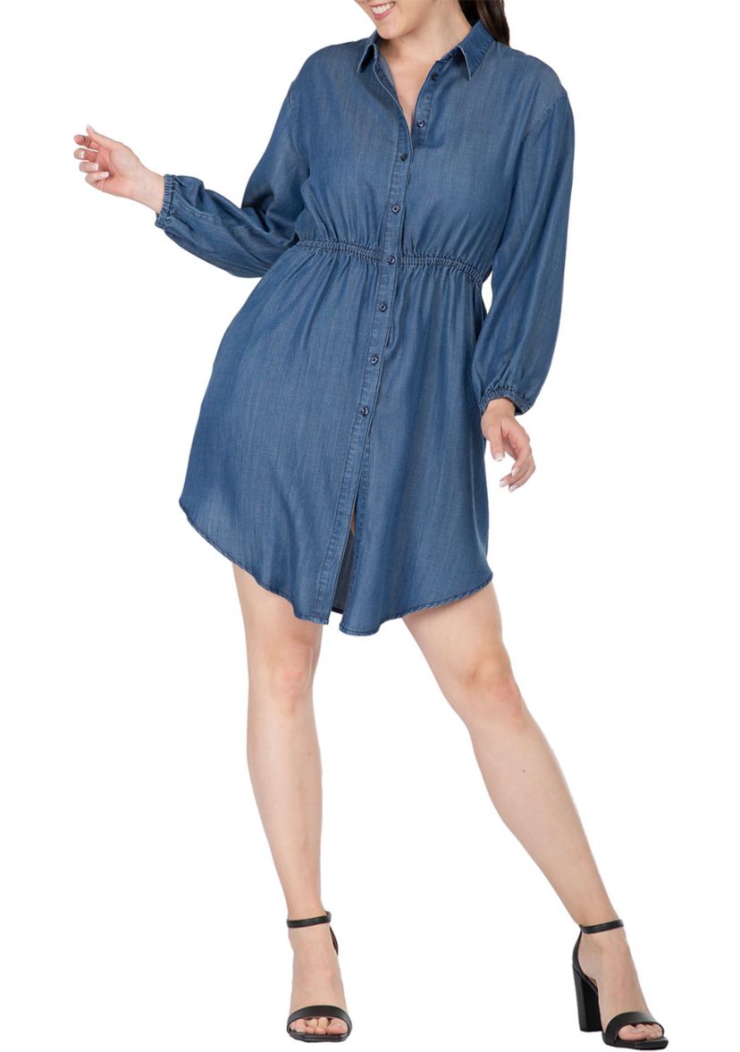 Women Long Sleeves Buttoned Down Elastic Waist Shirt Dress