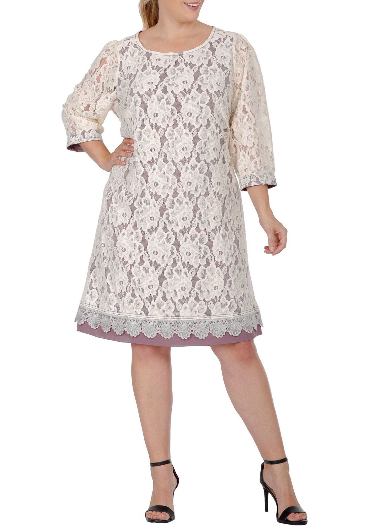 Women Plus Size Elegant Floral Lace Boat Neck 3/4 Sleeve Midi Dress