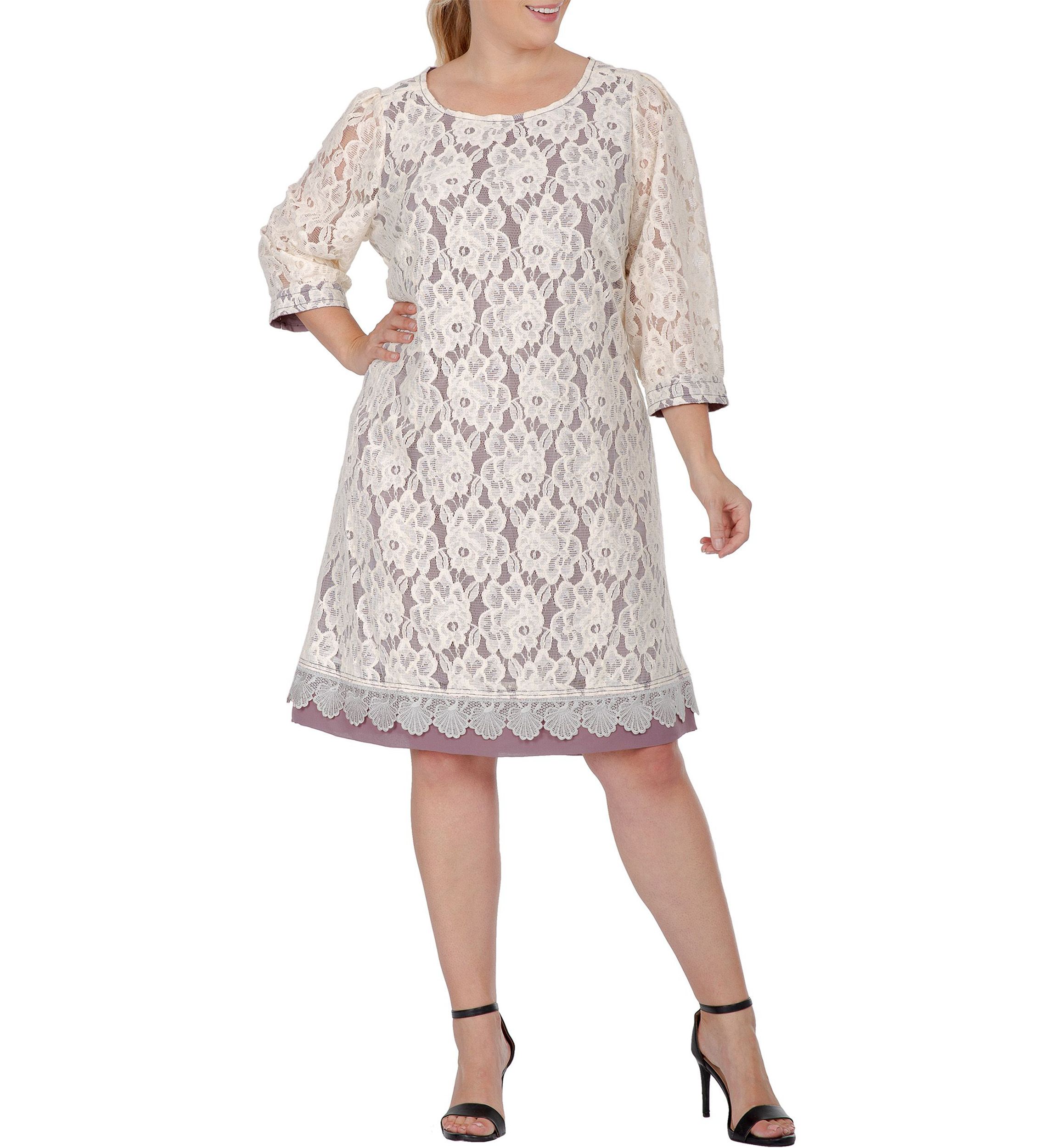Women Plus Size Elegant Floral Lace Boat Neck 3/4 Sleeve Midi Dress