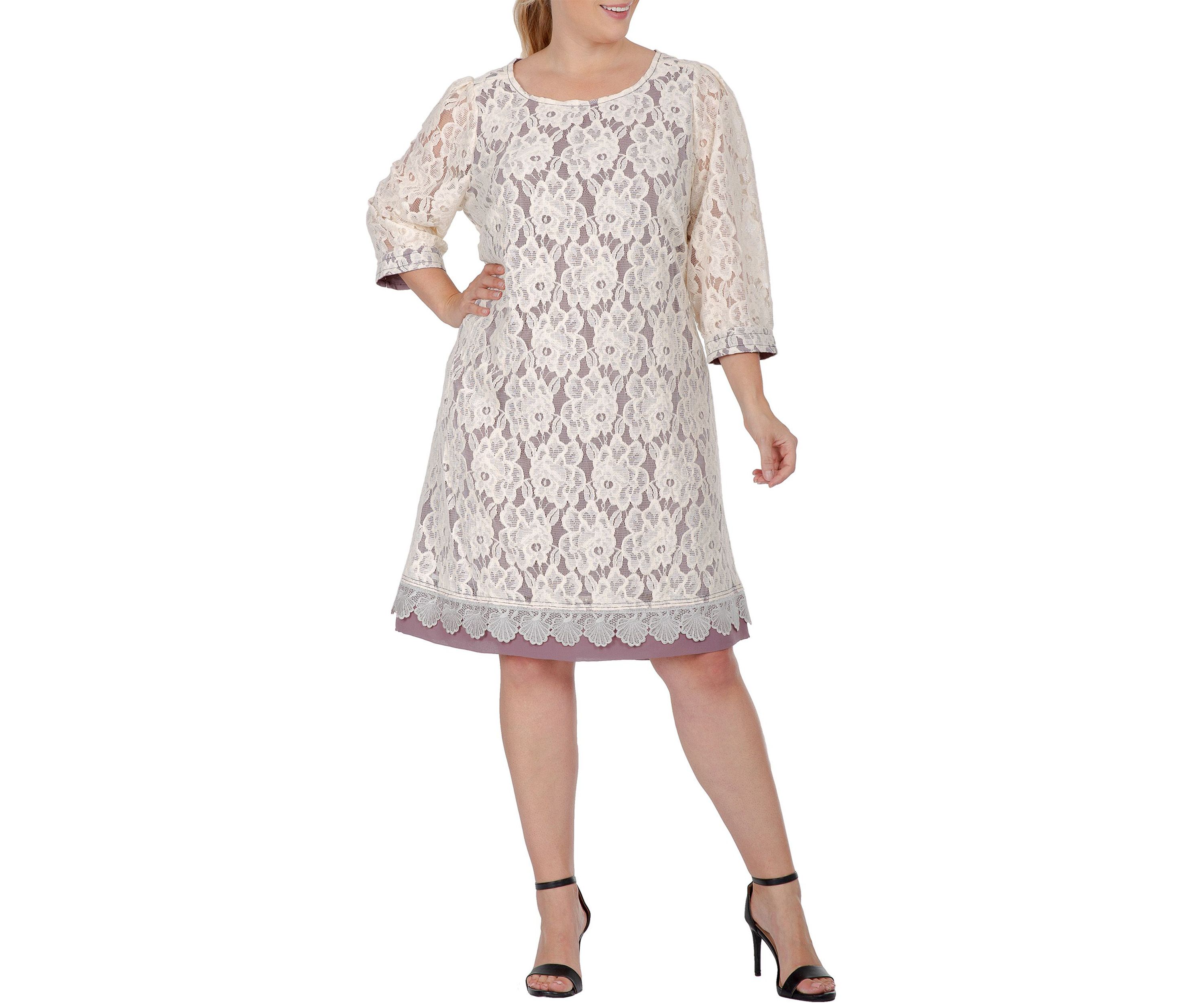Women Plus Size Elegant Floral Lace Boat Neck 3/4 Sleeve Midi Dress