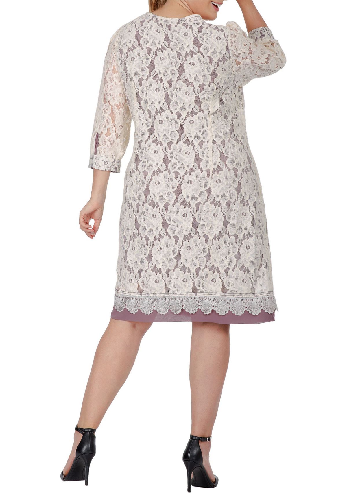 Women Plus Size Elegant Floral Lace Boat Neck 3/4 Sleeve Midi Dress
