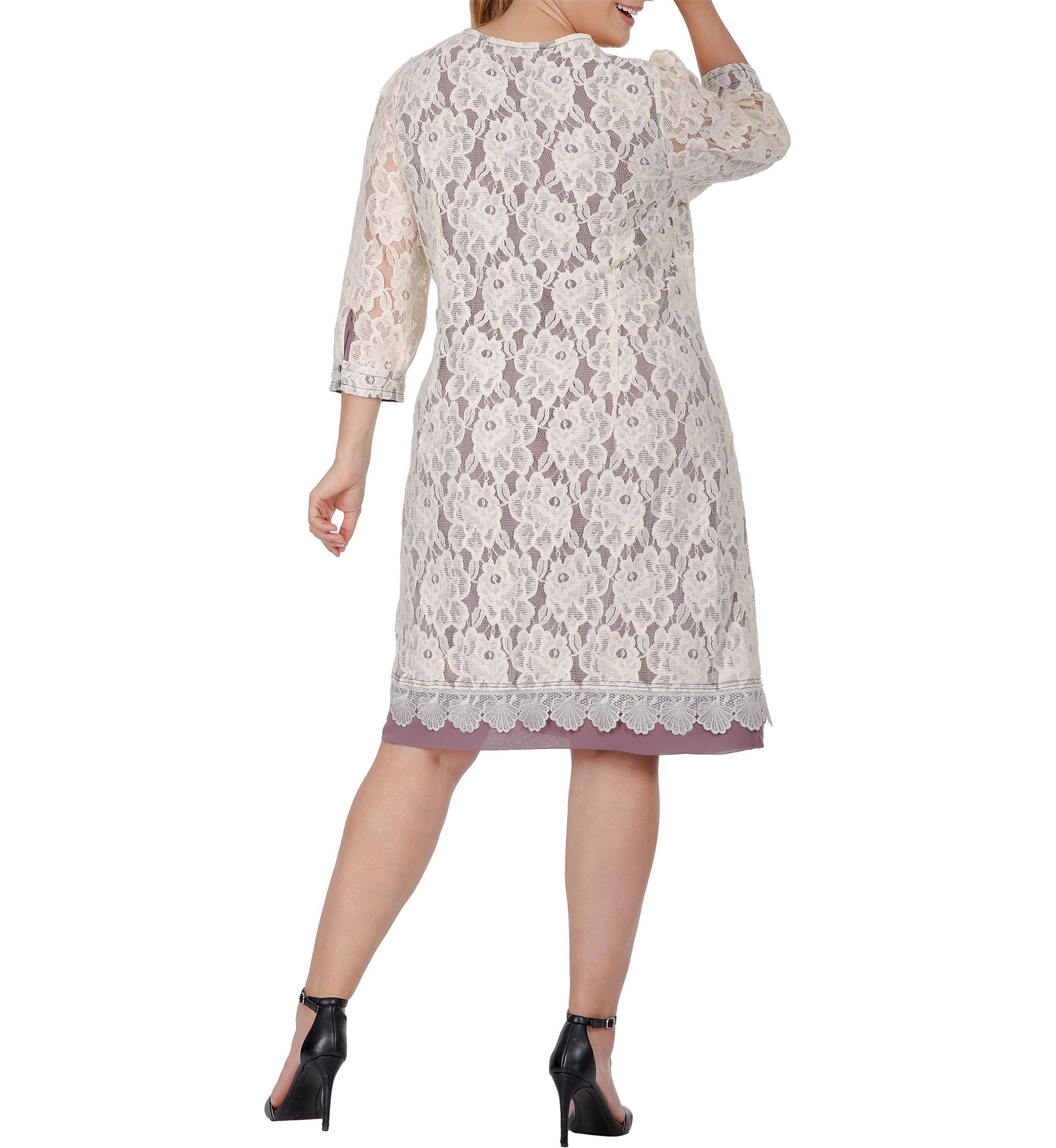 Women Plus Size Elegant Floral Lace Boat Neck 3/4 Sleeve Midi Dress