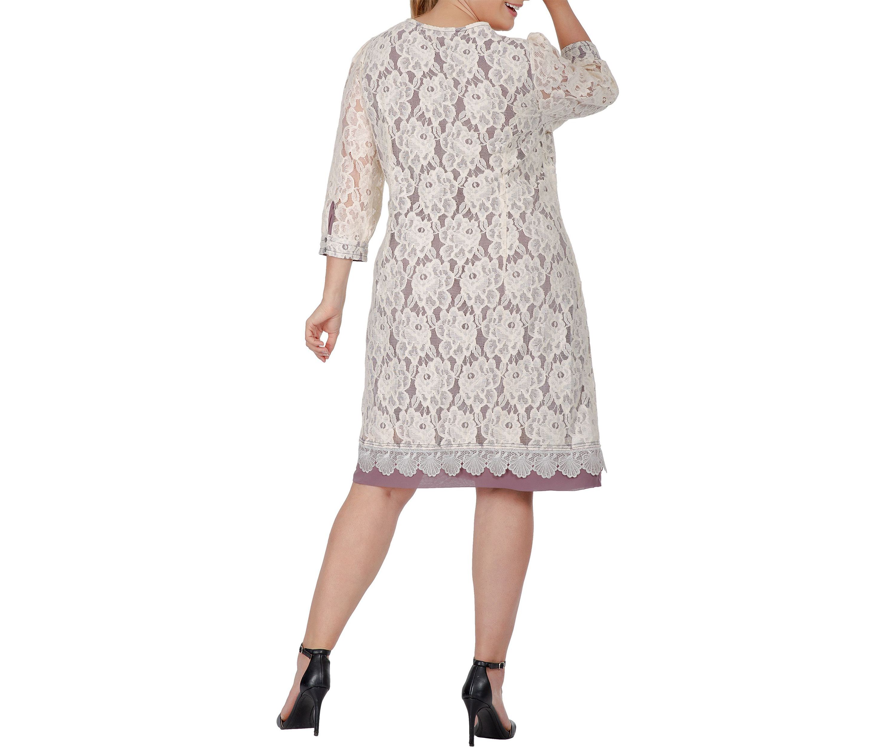 Women Plus Size Elegant Floral Lace Boat Neck 3/4 Sleeve Midi Dress