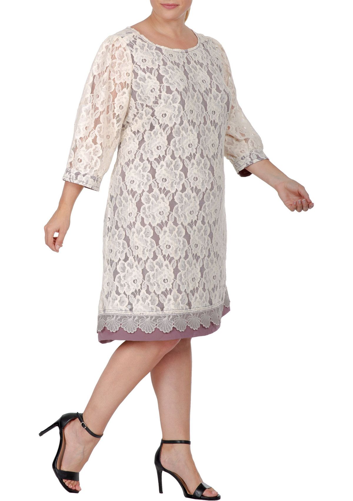 Women Plus Size Elegant Floral Lace Boat Neck 3/4 Sleeve Midi Dress