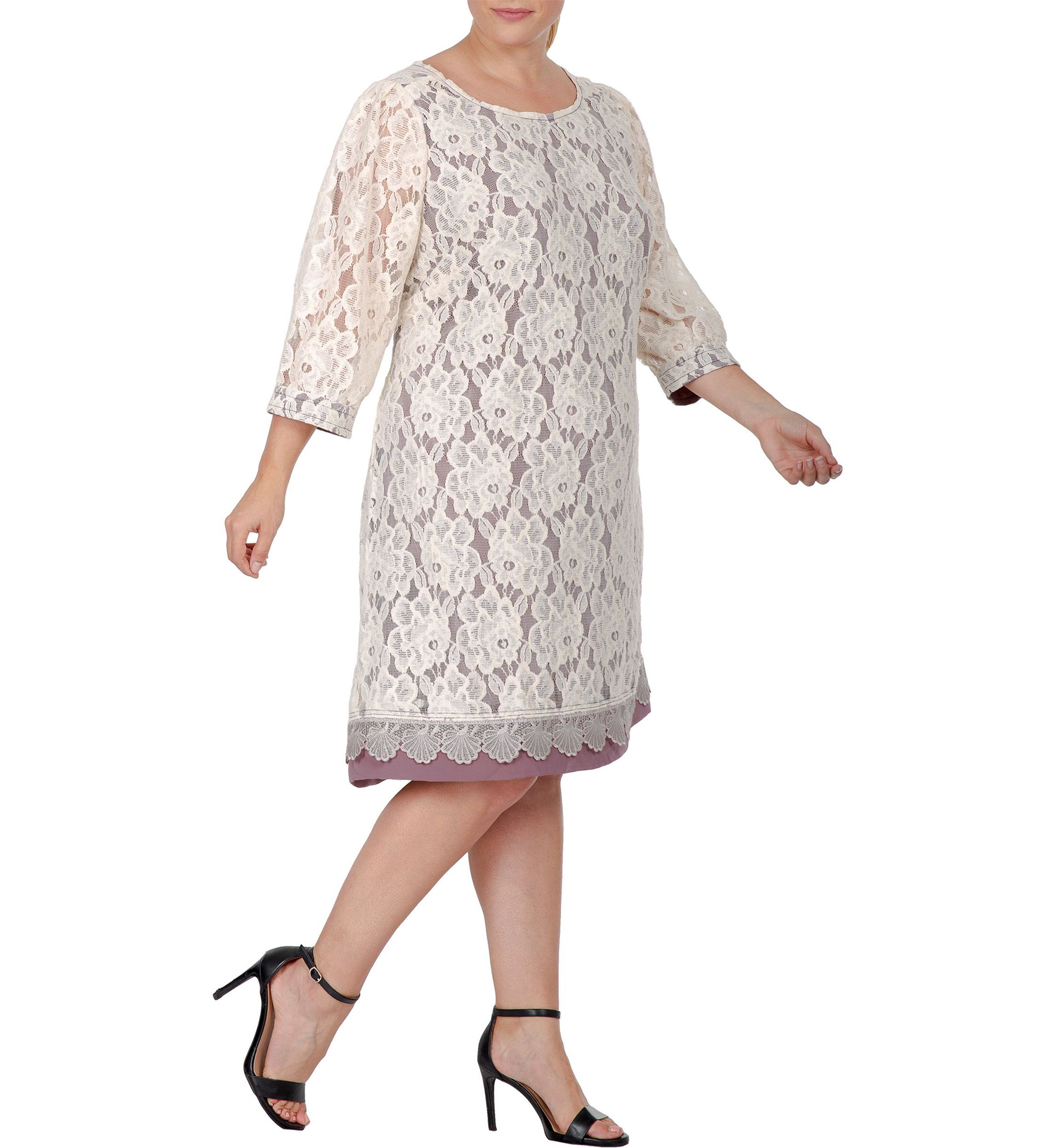 Women Plus Size Elegant Floral Lace Boat Neck 3/4 Sleeve Midi Dress