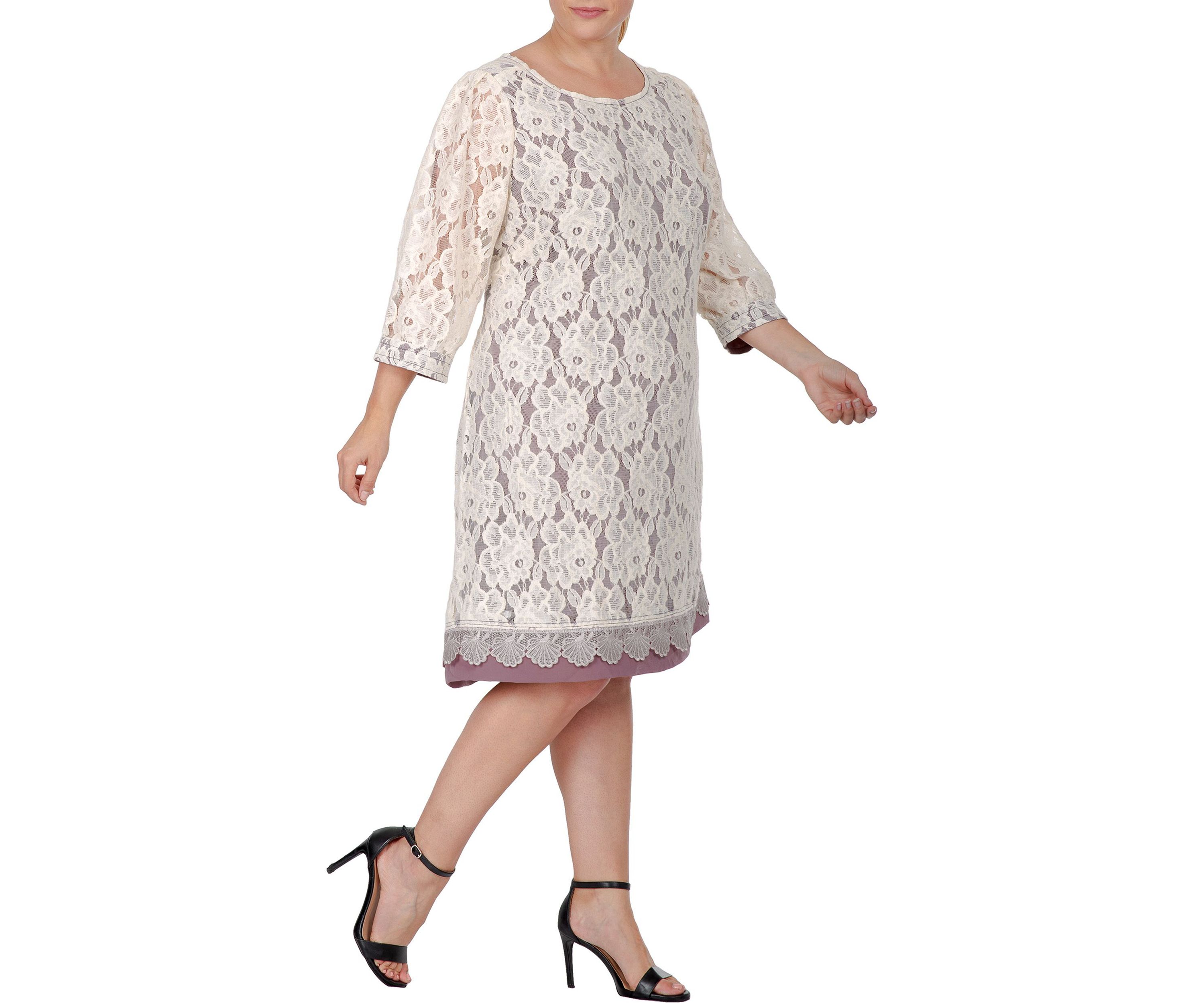 Women Plus Size Elegant Floral Lace Boat Neck 3/4 Sleeve Midi Dress