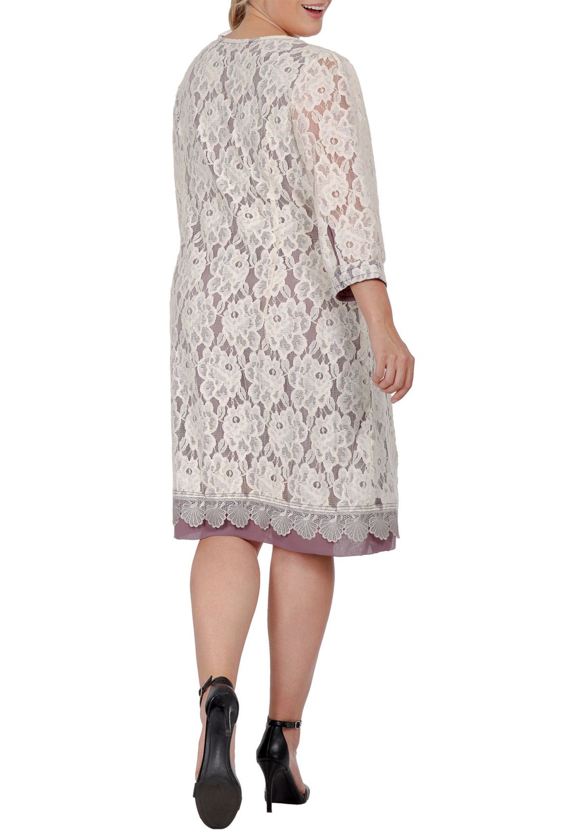 Women Plus Size Elegant Floral Lace Boat Neck 3/4 Sleeve Midi Dress