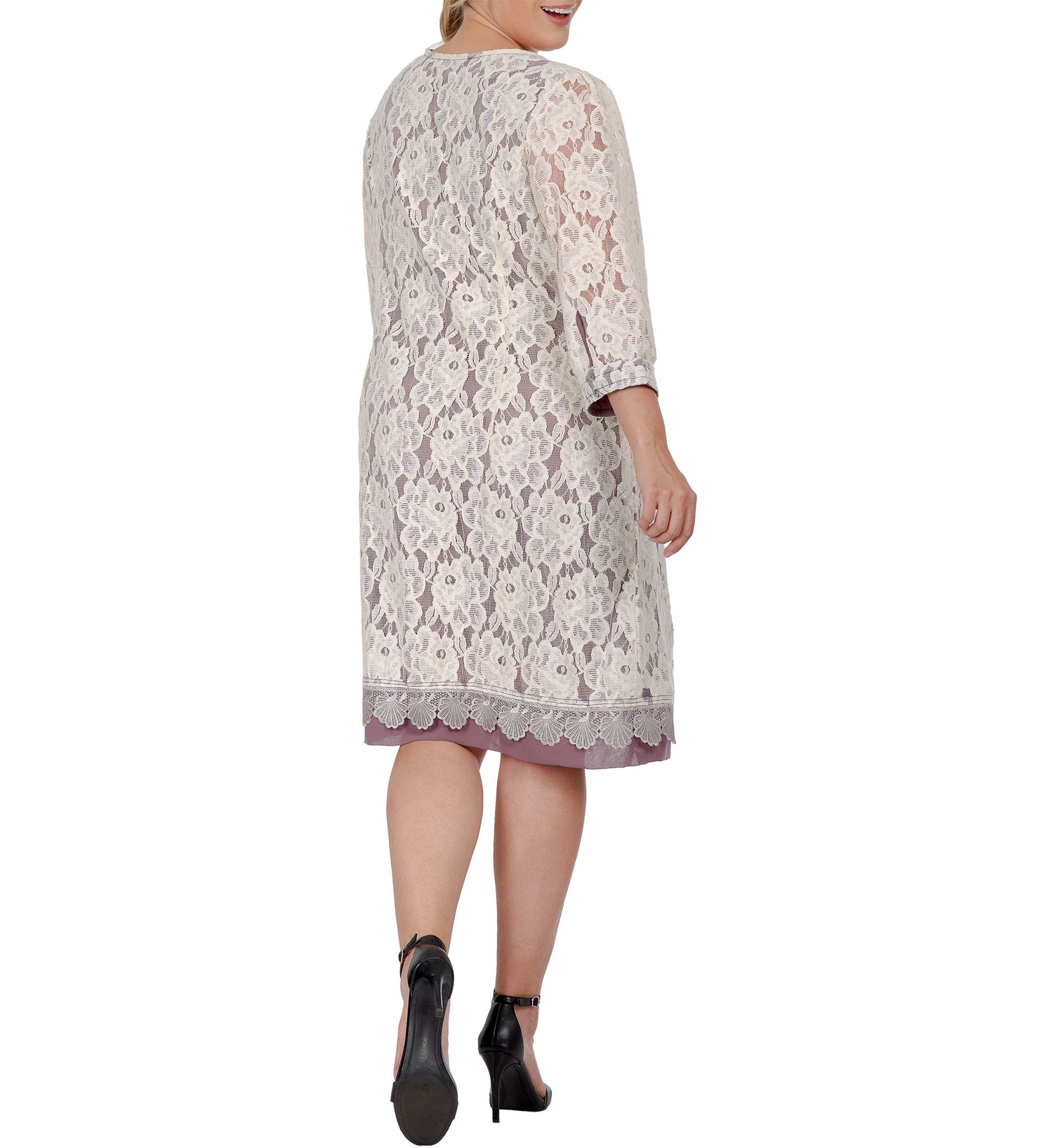 Women Plus Size Elegant Floral Lace Boat Neck 3/4 Sleeve Midi Dress