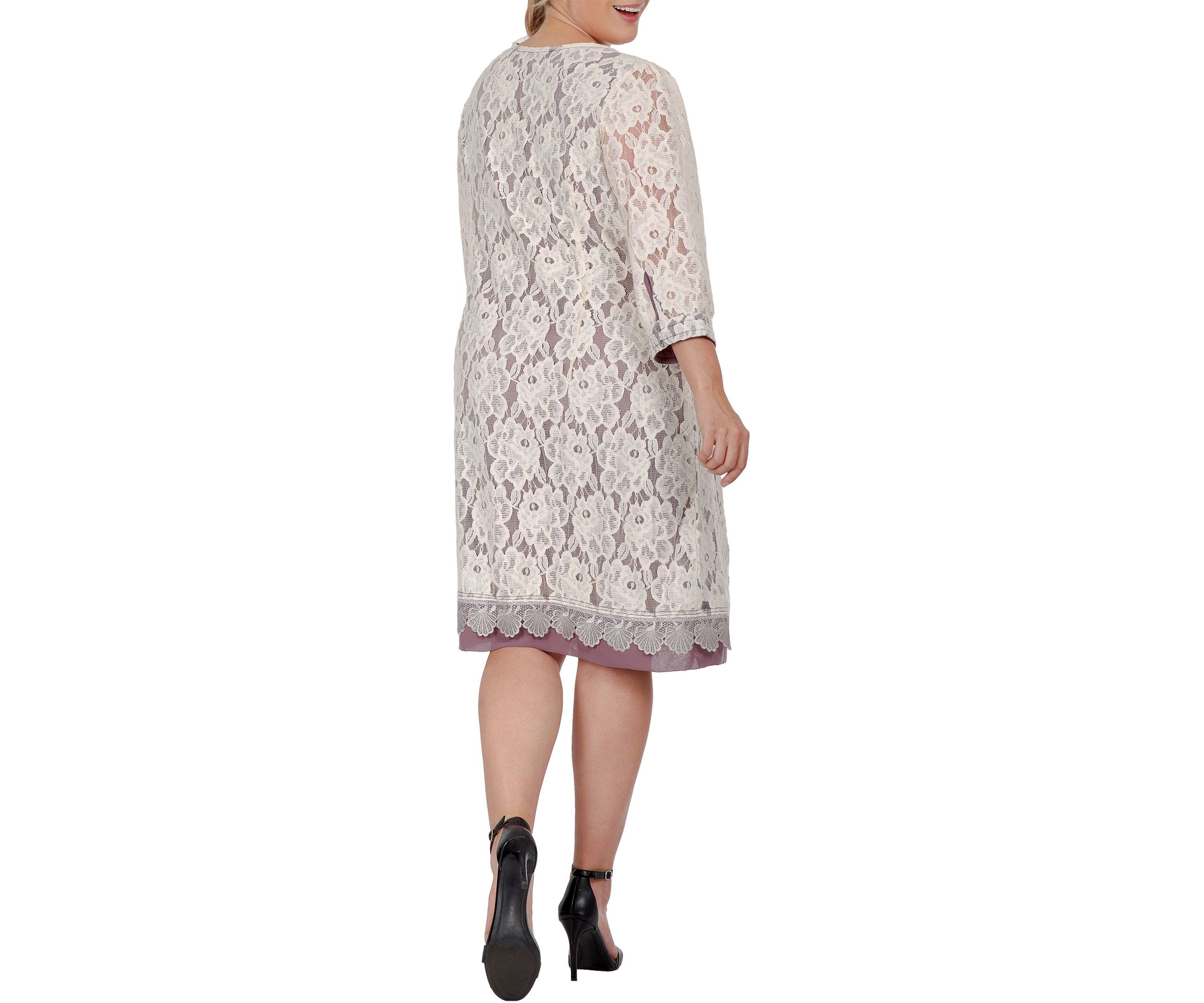 Women Plus Size Elegant Floral Lace Boat Neck 3/4 Sleeve Midi Dress